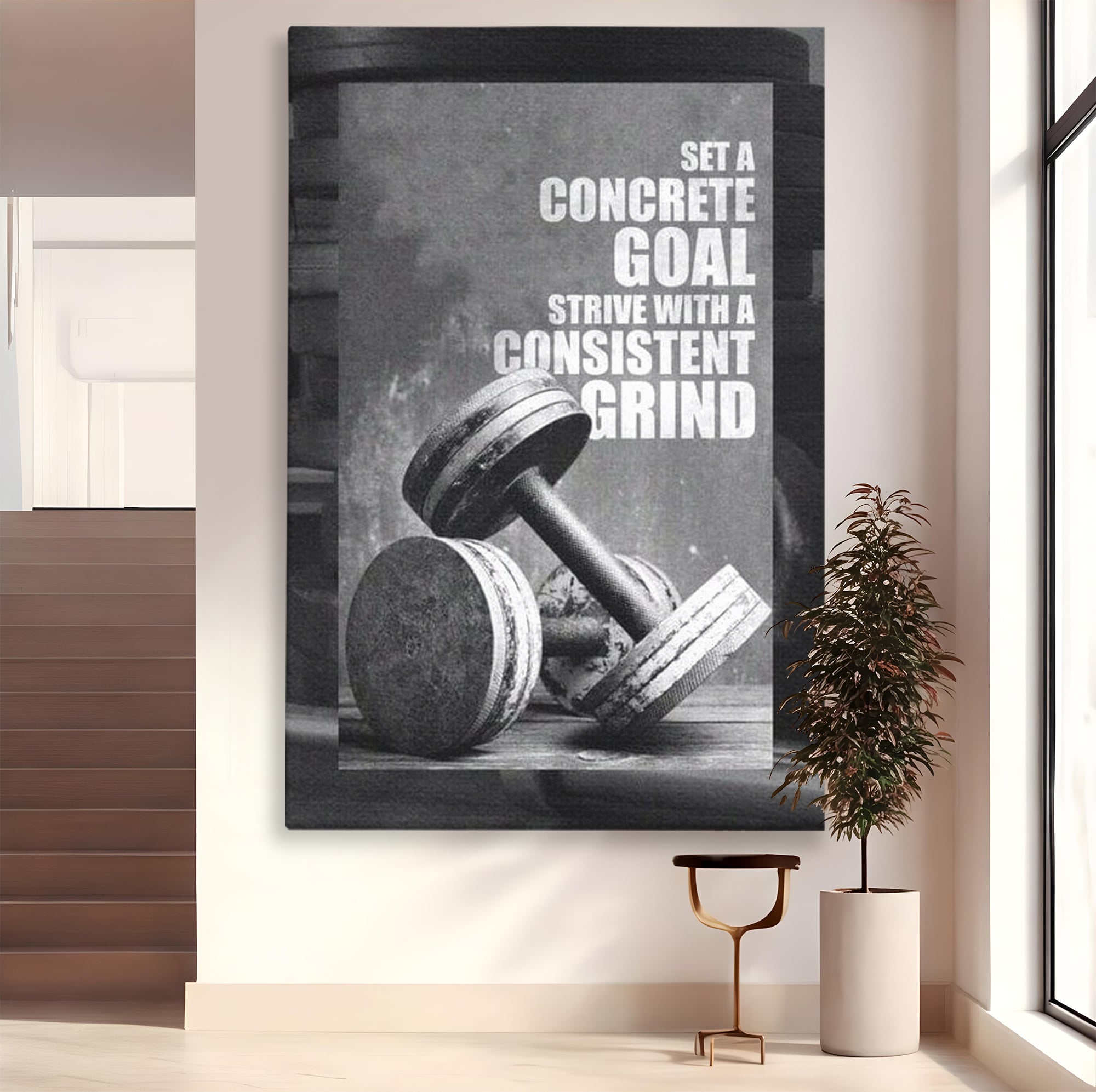 Tablou canvas cu tablou motivational cu gantere si text, fara rama, pe sasiu de lemn