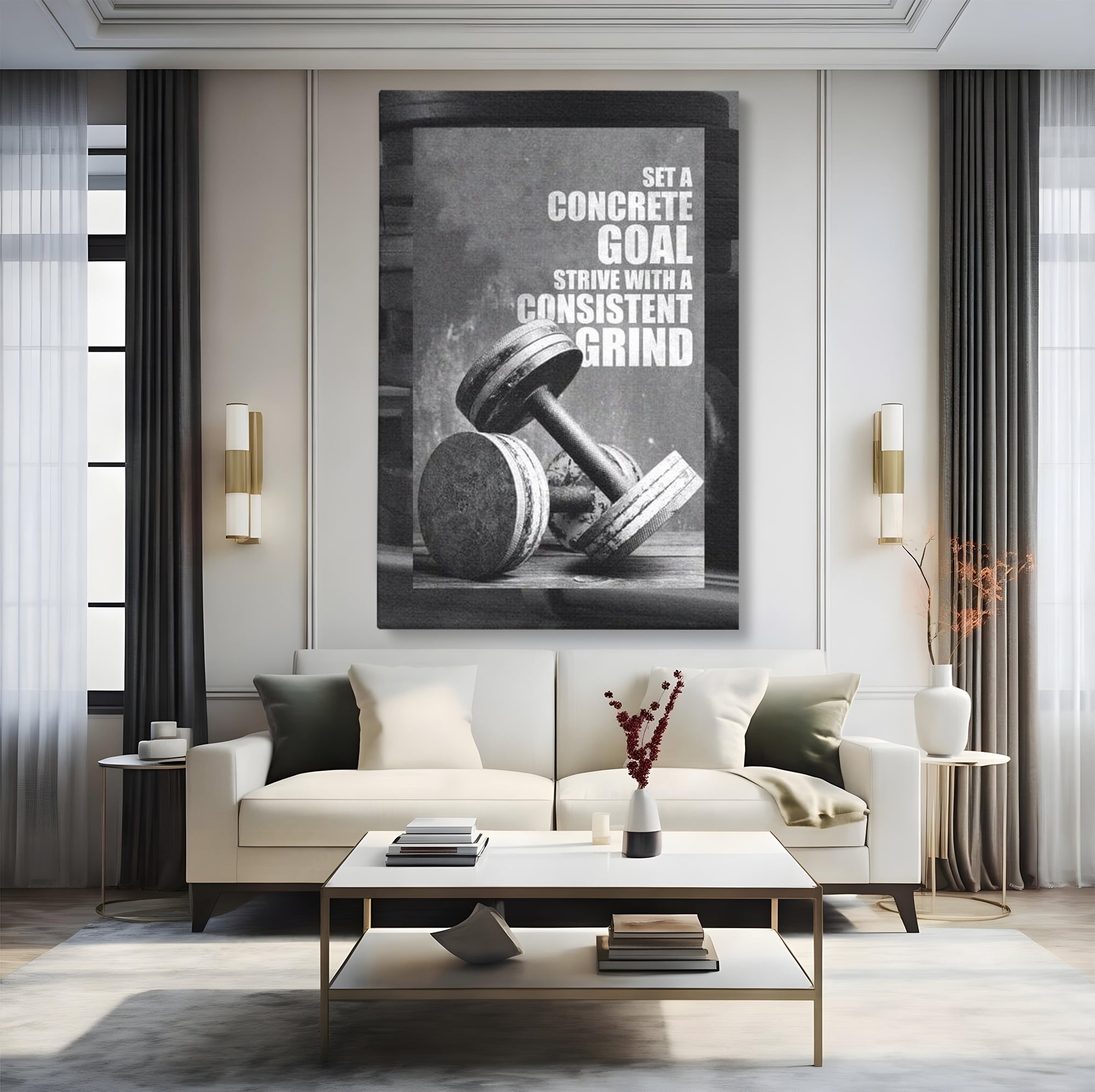 Tablou canvas cu tablou motivational cu gantere si text, fara rama, pe sasiu de lemn, pe perete intr-un living