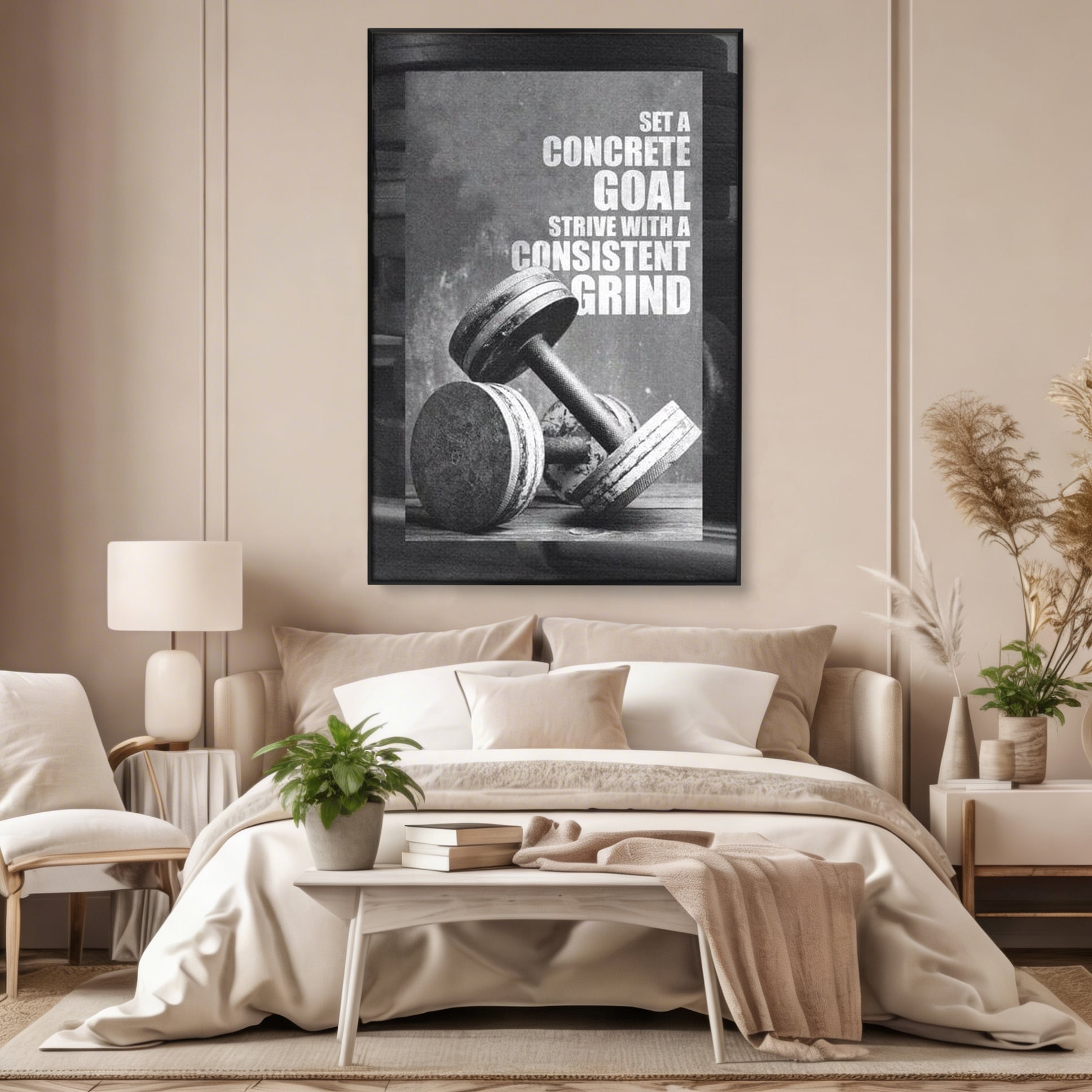 Tablou canvas cu tablou motivational cu gantere si text, in rama de aluminiu negru, pe perete intr-un dormitor