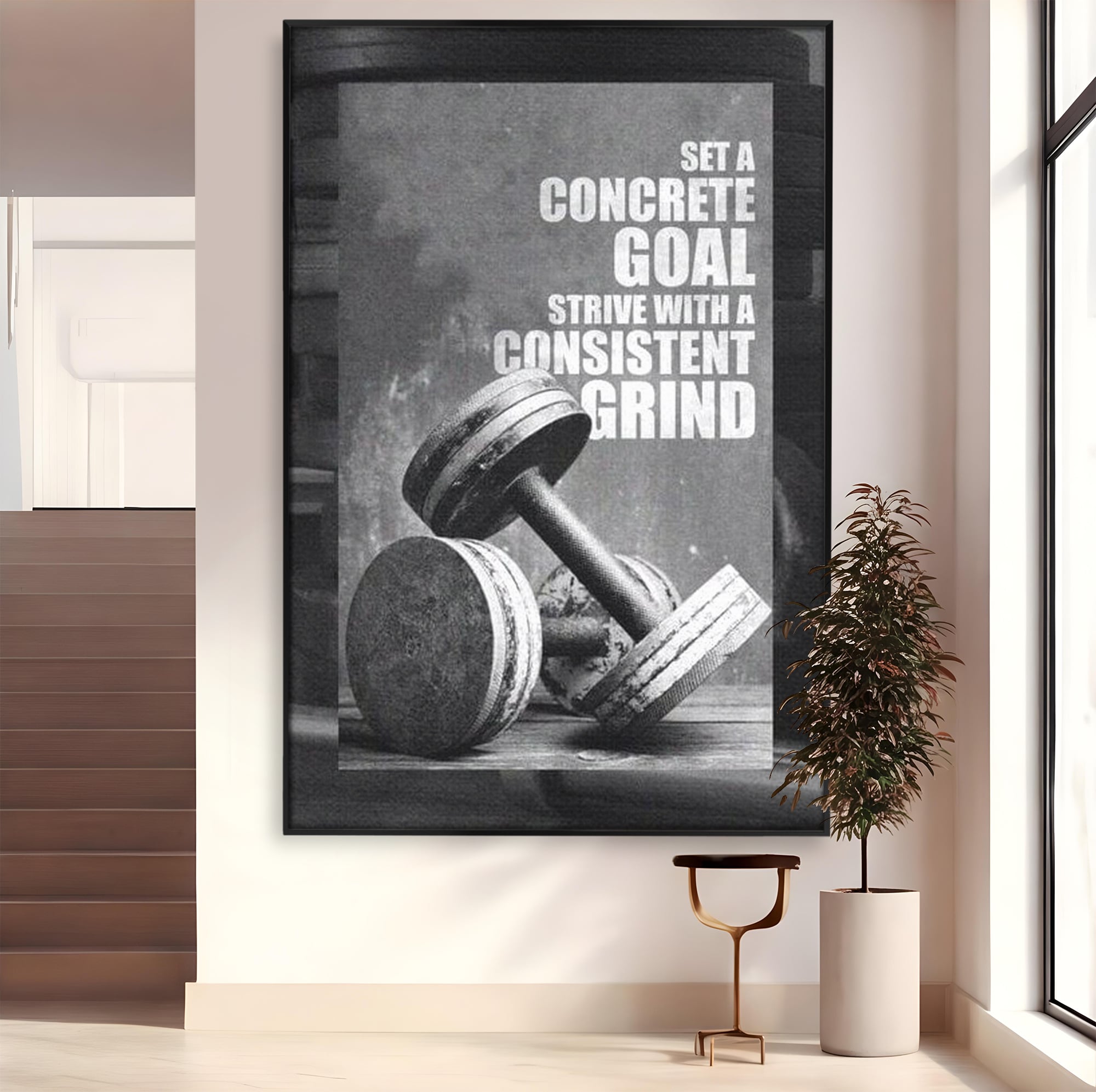 Tablou canvas cu tablou motivational cu gantere si text, in rama de aluminiu negru