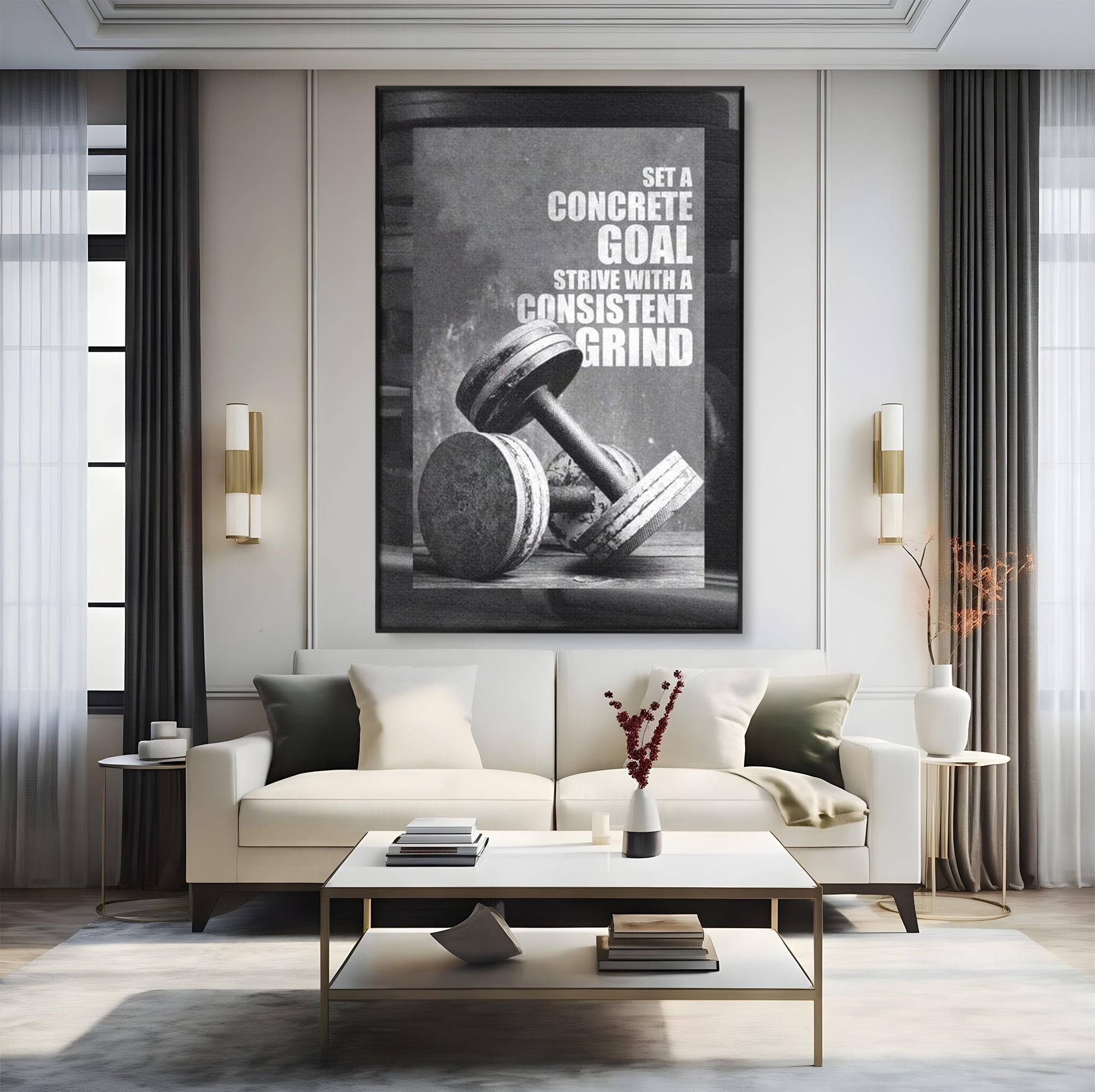 Tablou canvas cu tablou motivational cu gantere si text, in rama de aluminiu negru, pe perete intr-un living