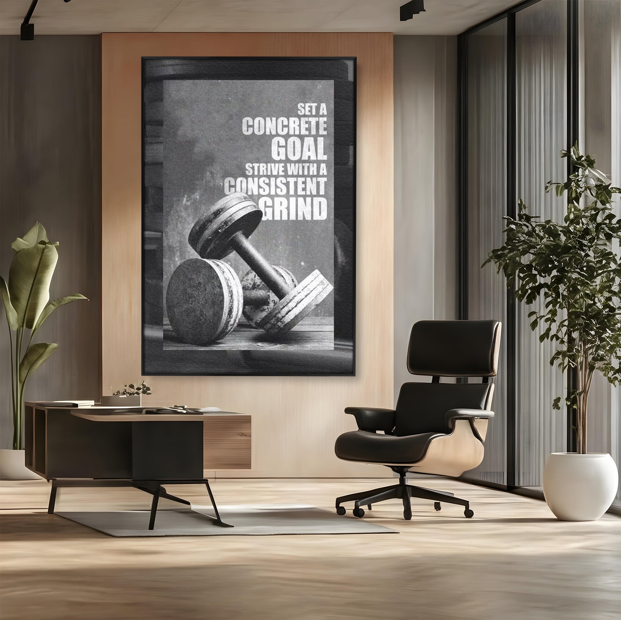 Tablou canvas cu tablou motivational cu gantere si text, in rama de aluminiu negru, pe perete intr-un birou