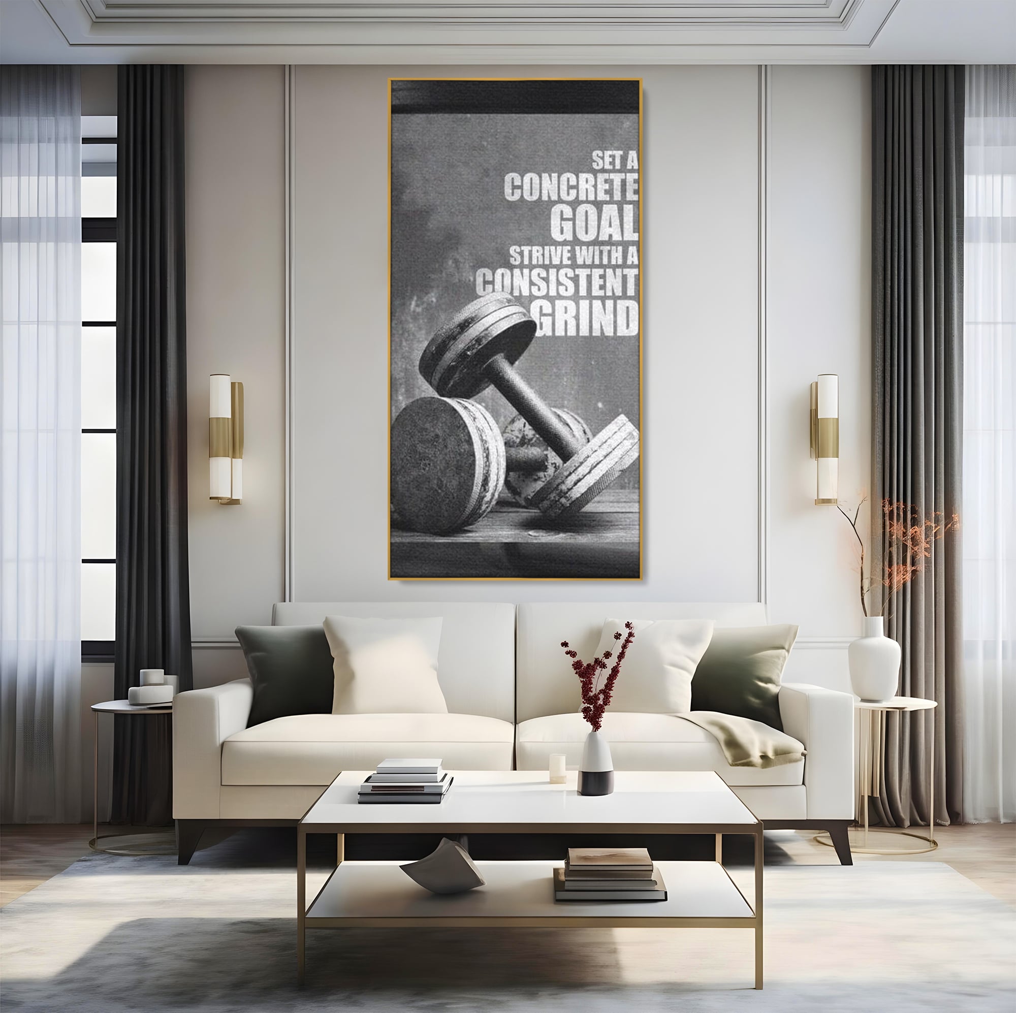 Tablou canvas cu tablou motivational cu gantere si text, in rama de aluminiu auriu, pe perete intr-un living