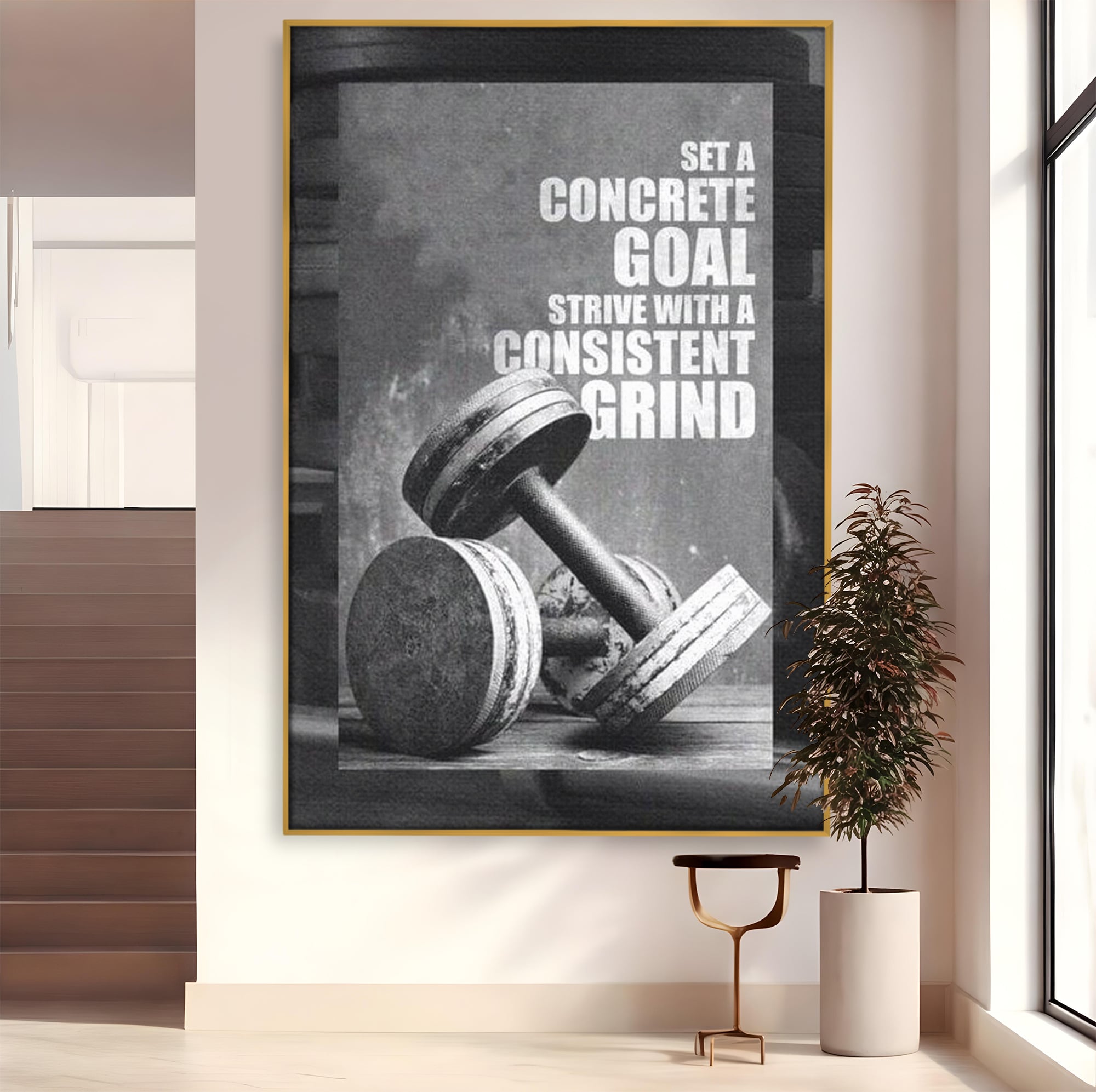 Tablou canvas cu tablou motivational cu gantere si text, in rama de aluminiu auriu