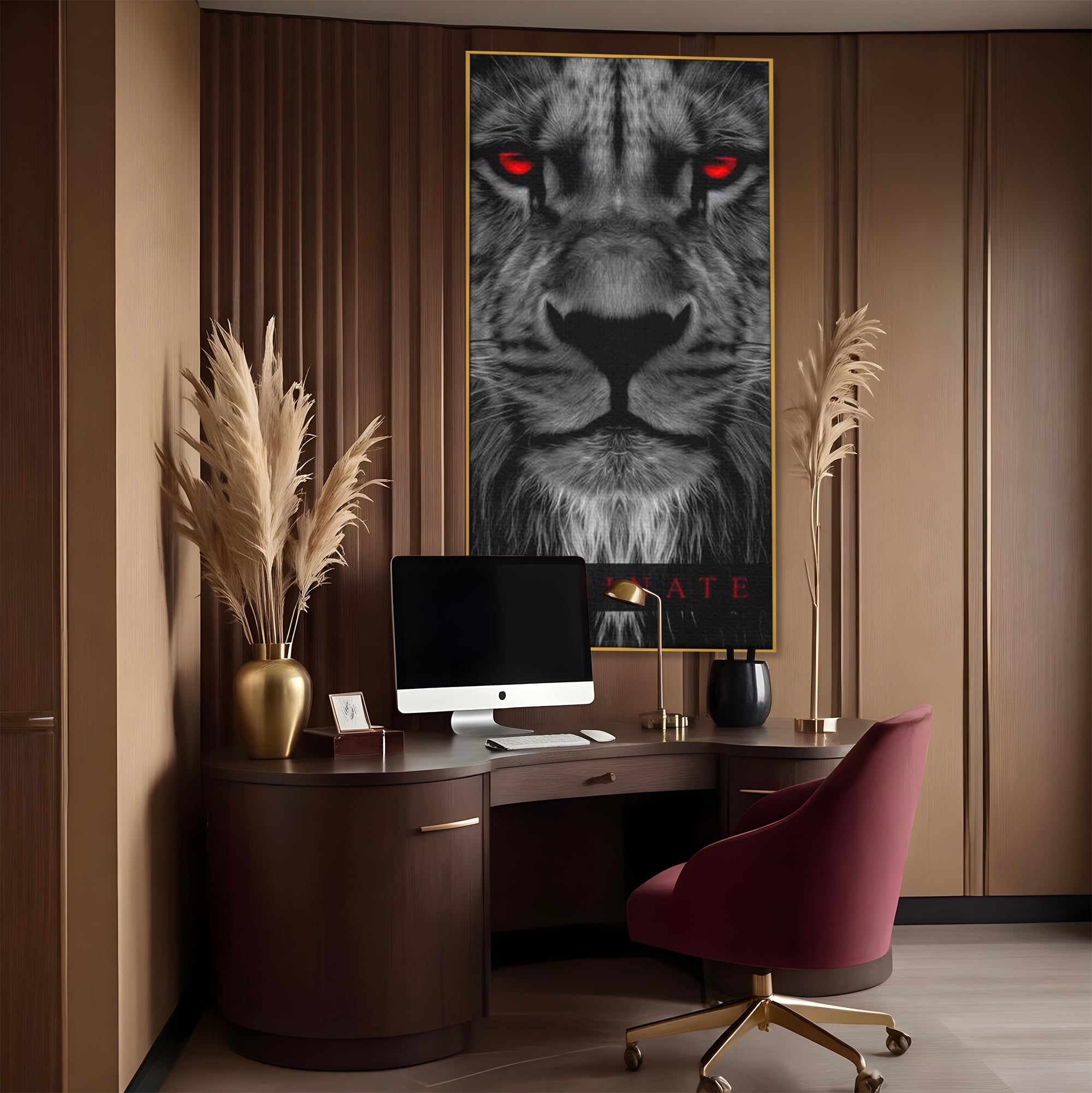 Tablou canvas cu tablou canvas cu leu alb-negru, in rama de aluminiu auriu, pe perete intr-un birou