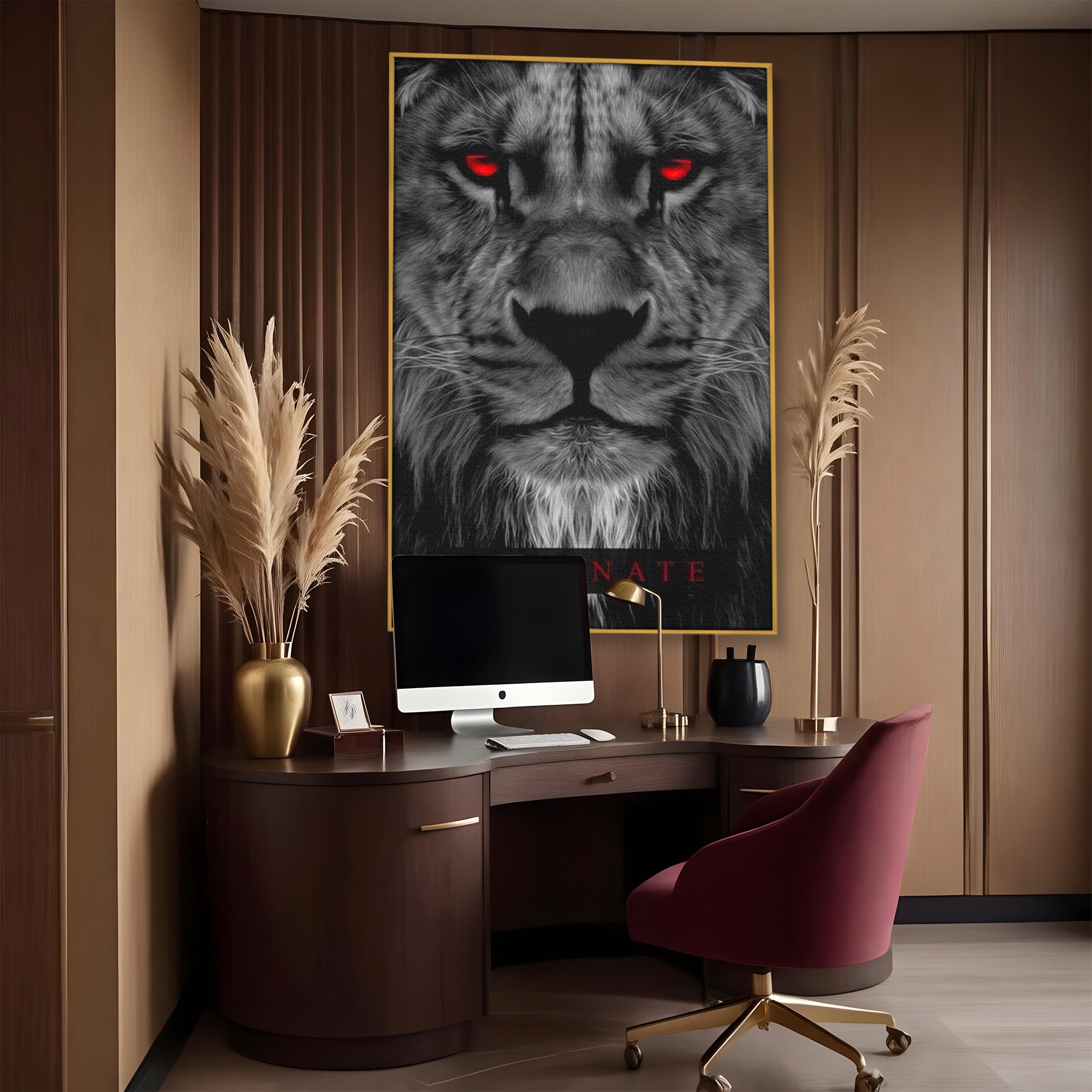 Tablou canvas cu tablou canvas cu leu alb-negru, in rama de aluminiu auriu, pe perete intr-un birou