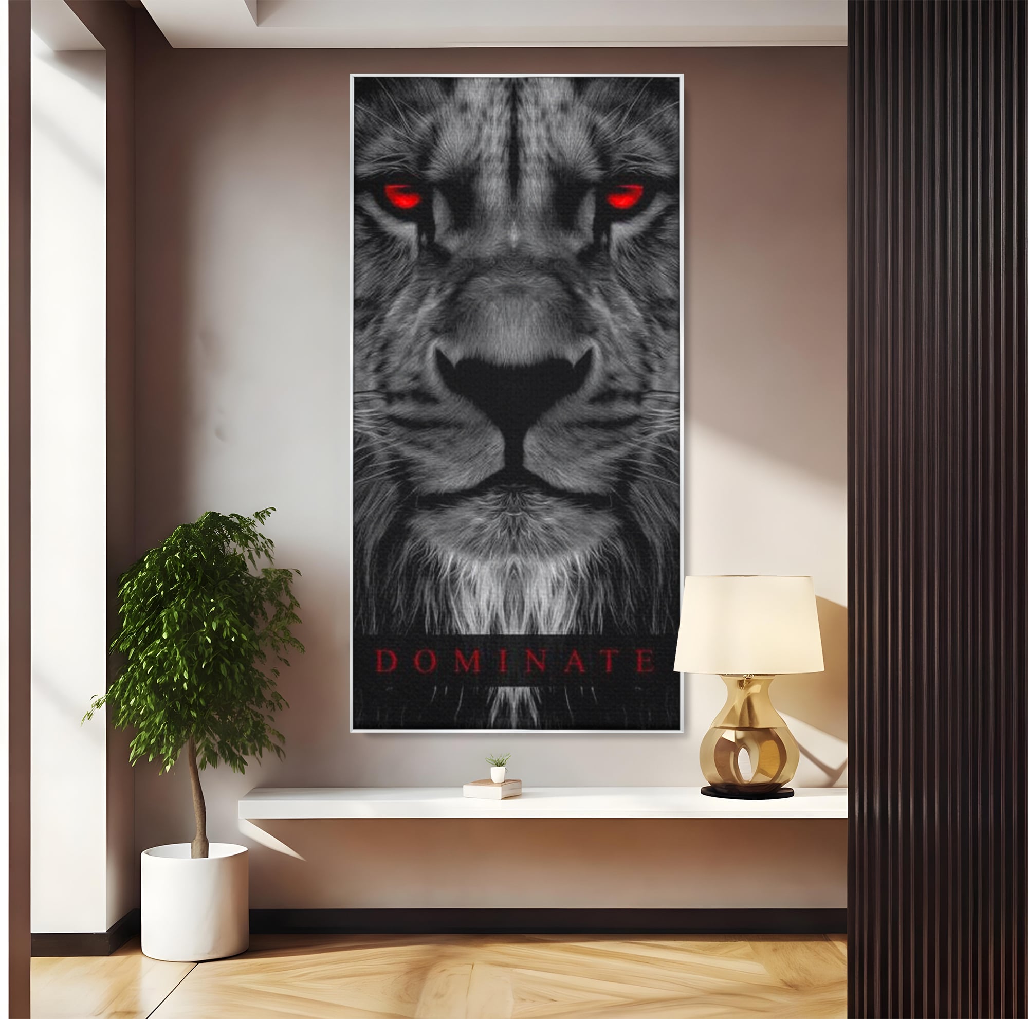 Tablou canvas cu tablou canvas cu leu alb-negru, in rama de aluminiu argintiu