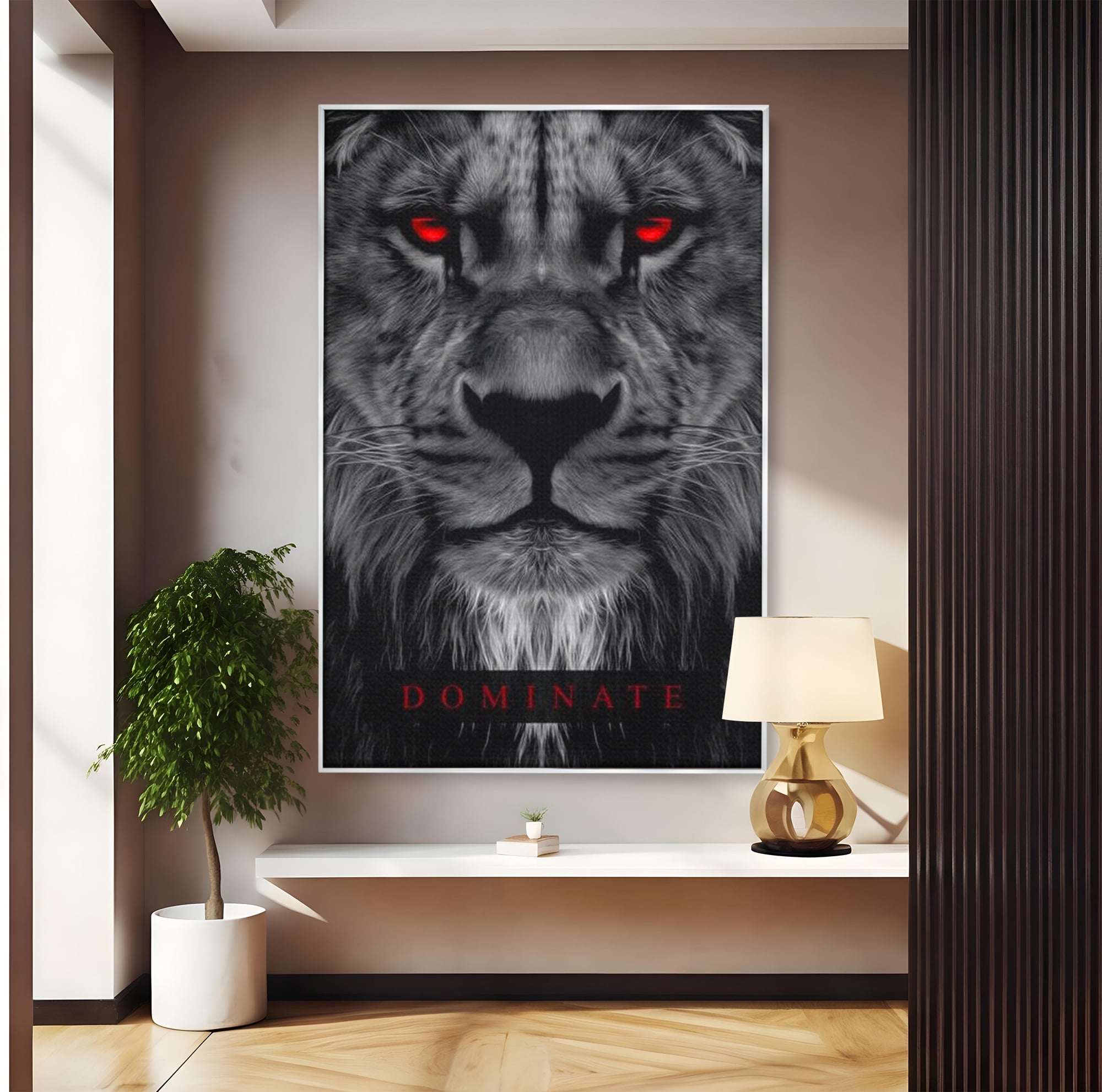 Tablou canvas cu tablou canvas cu leu alb-negru, in rama de aluminiu argintiu