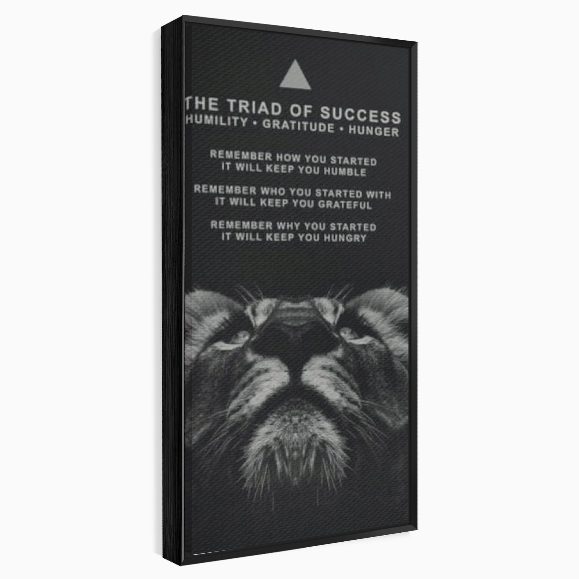 Tablou canvas cu tablou motivational cu cap de leu, in rama de aluminiu negru