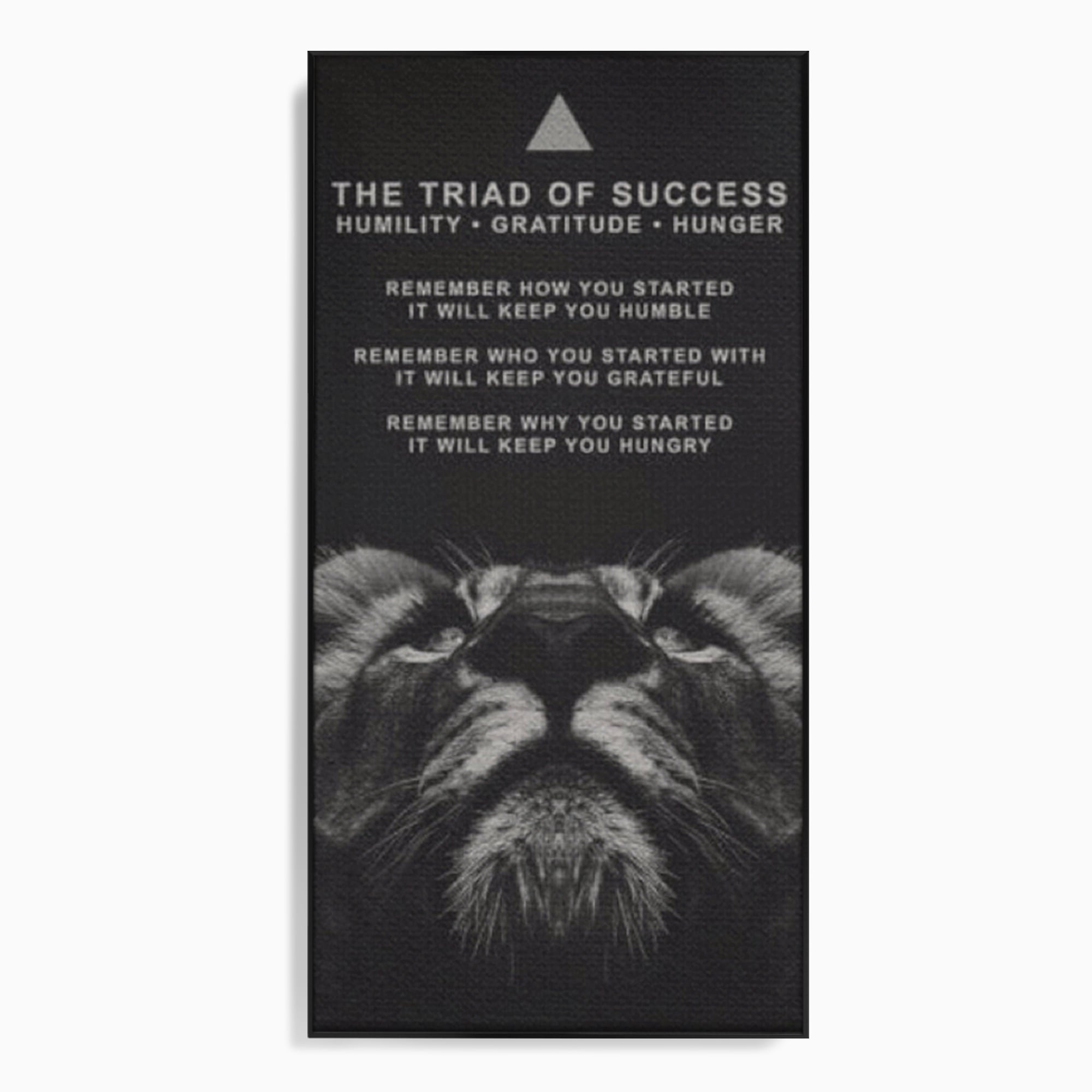 Tablou canvas cu tablou motivational cu cap de leu, in rama de aluminiu negru