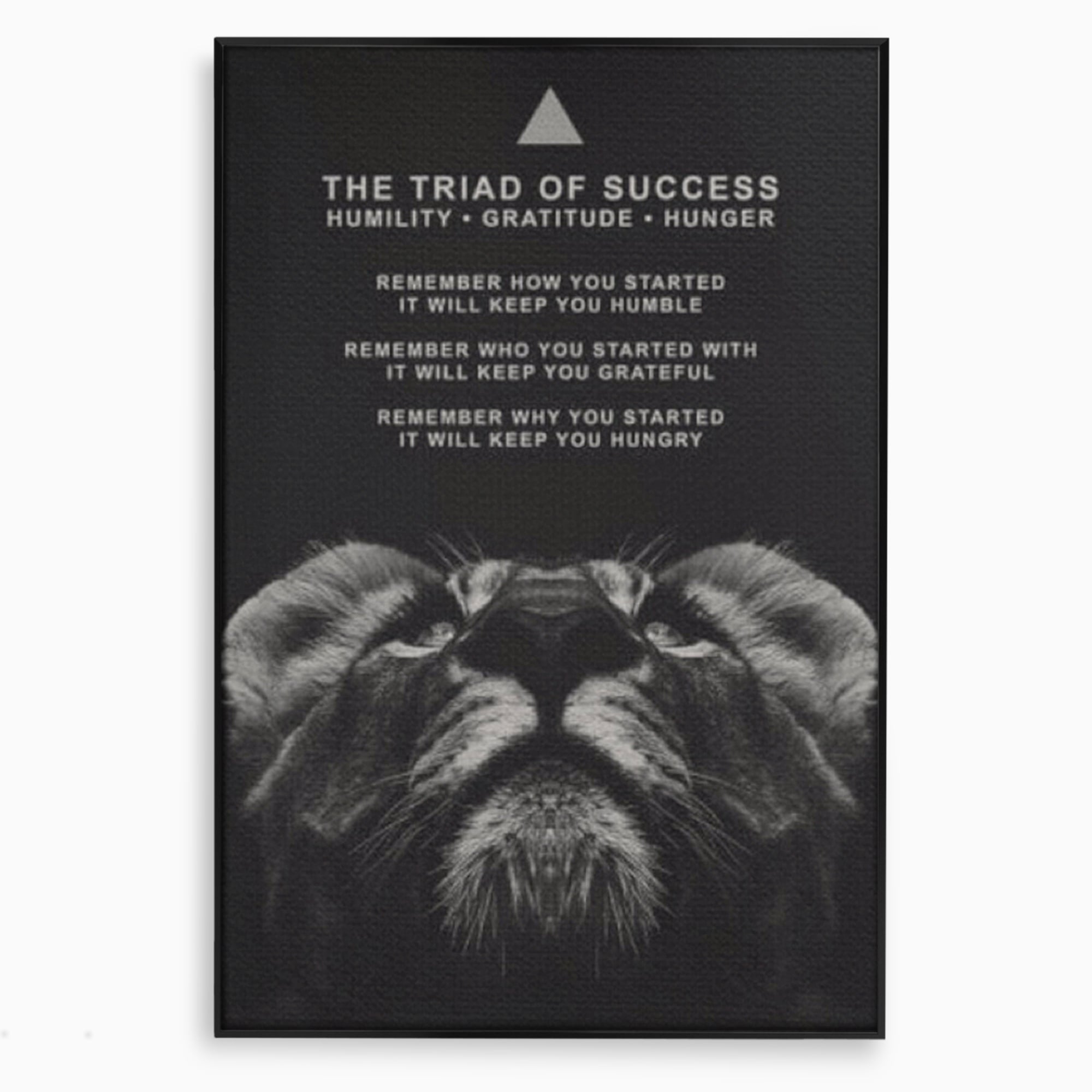 Tablou canvas cu tablou motivational cu cap de leu, in rama de aluminiu negru