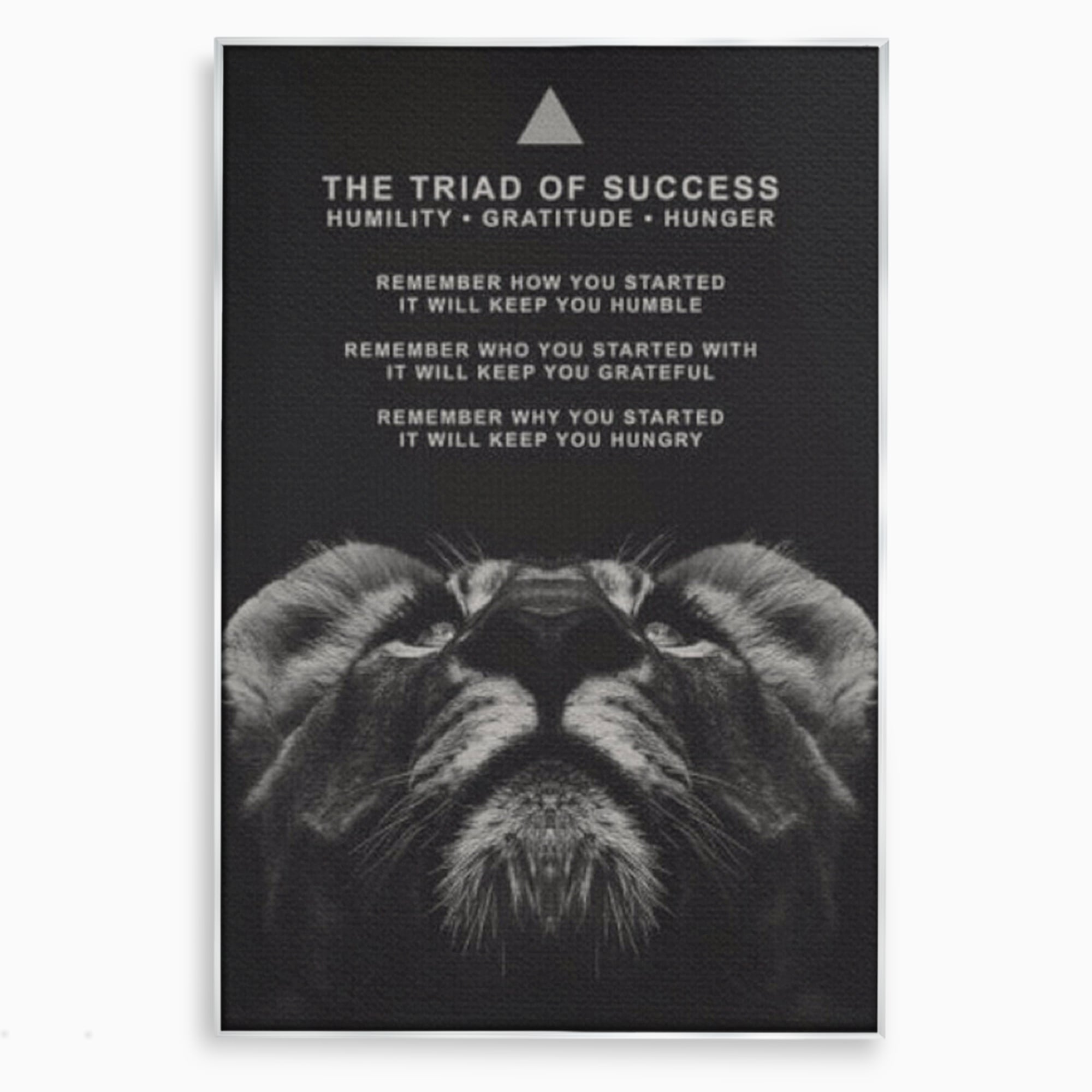 Tablou canvas cu tablou motivational cu cap de leu, in rama de aluminiu argintiu