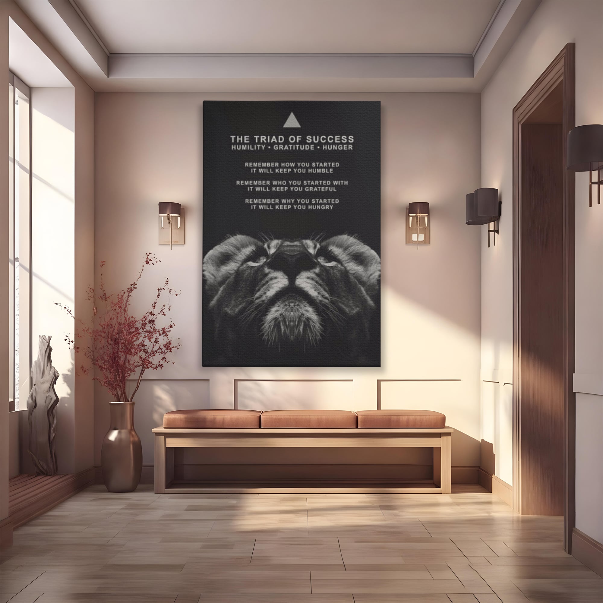 Tablou canvas cu tablou motivational cu cap de leu, fara rama, pe sasiu de lemn