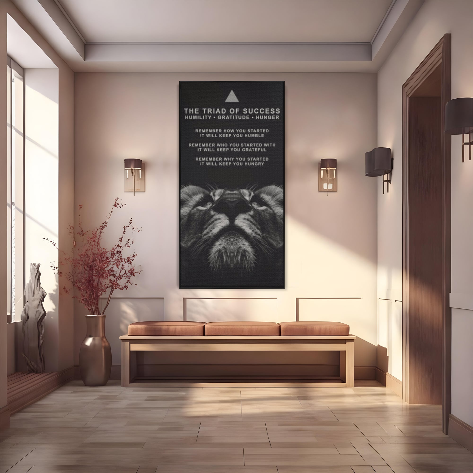 Tablou canvas cu tablou motivational cu cap de leu, in rama de aluminiu negru