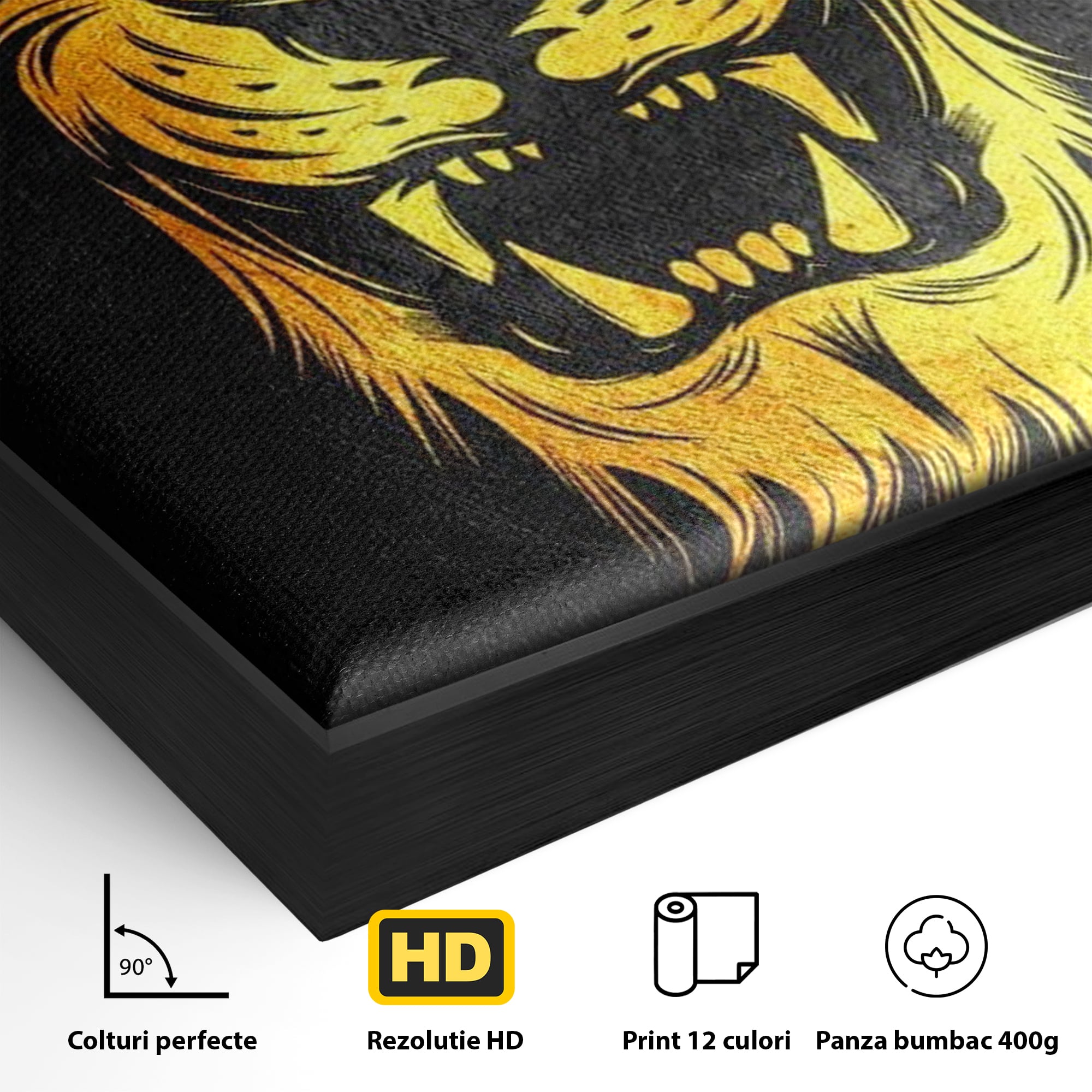 Detaliu al suprafetei: tablou canvas cu leu aurit, in rama de aluminiu negru