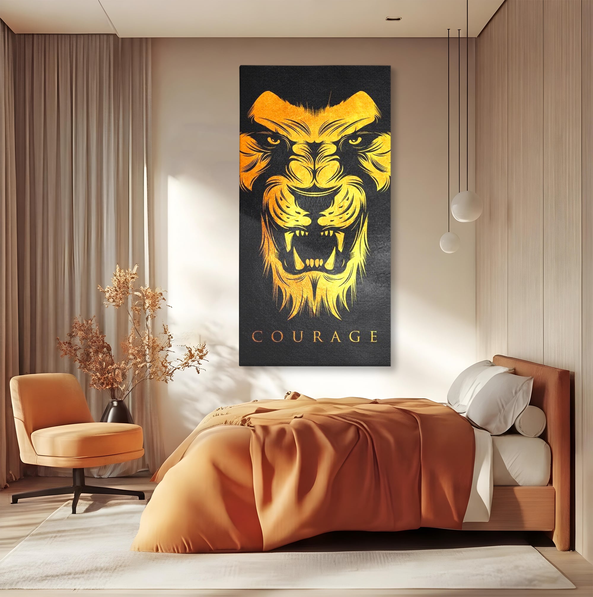 Tablou canvas cu tablou canvas cu leu aurit, fara rama, pe sasiu de lemn, pe perete intr-un dormitor