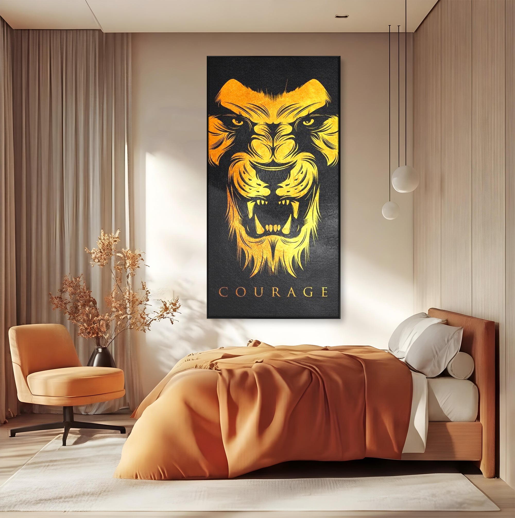Tablou canvas cu tablou canvas cu leu aurit, in rama de aluminiu negru, pe perete intr-un dormitor