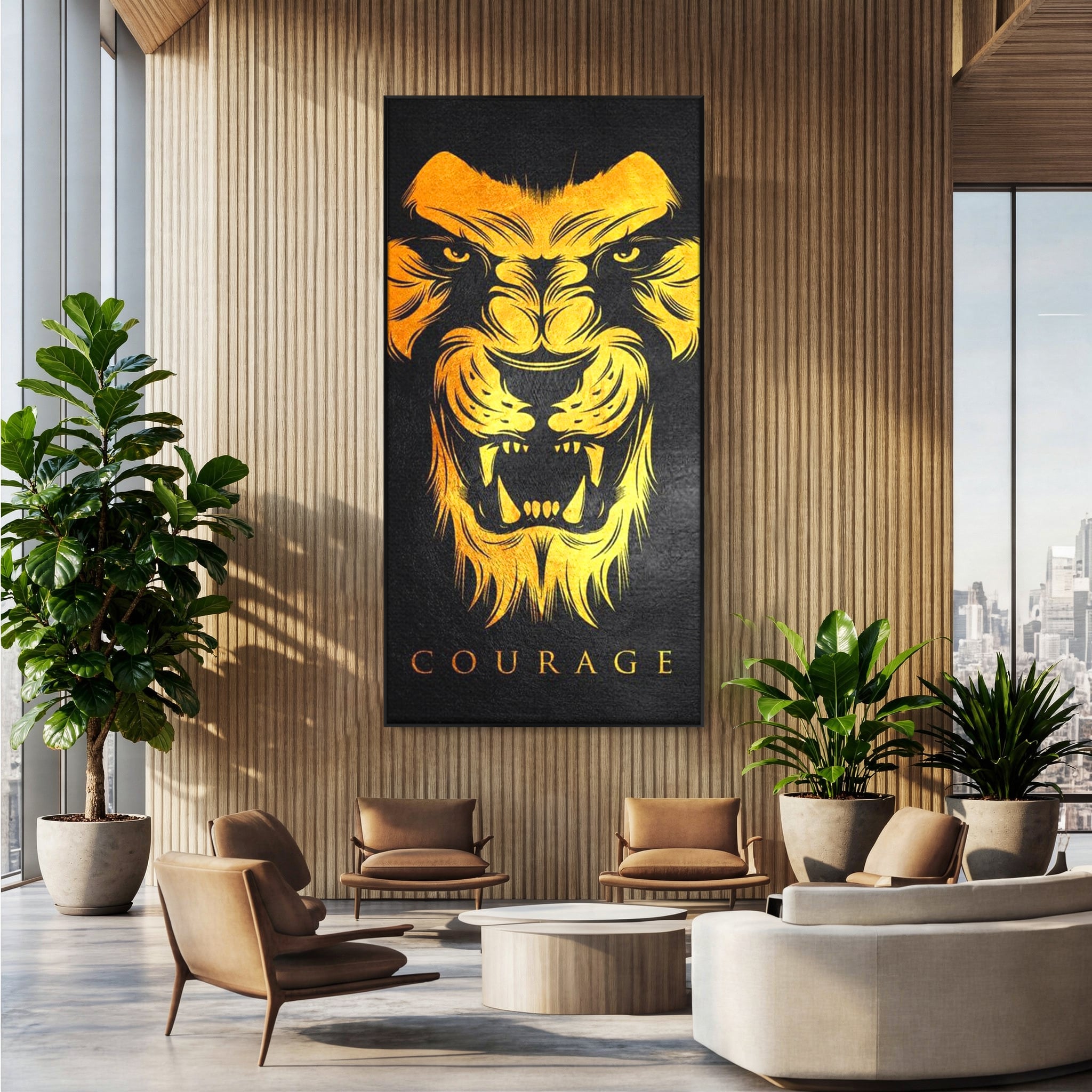 Tablou canvas cu tablou canvas cu leu aurit, in rama de aluminiu negru, pe perete intr-un birou