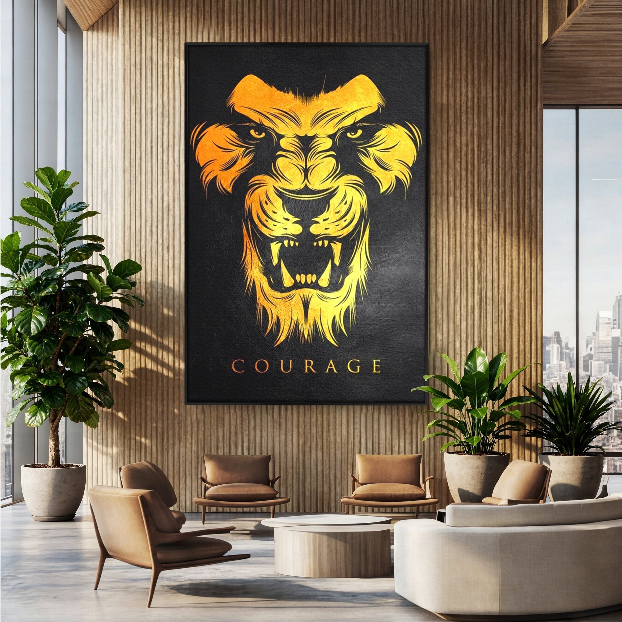 Tablou canvas cu tablou canvas cu leu aurit, in rama de aluminiu negru, pe perete intr-un birou