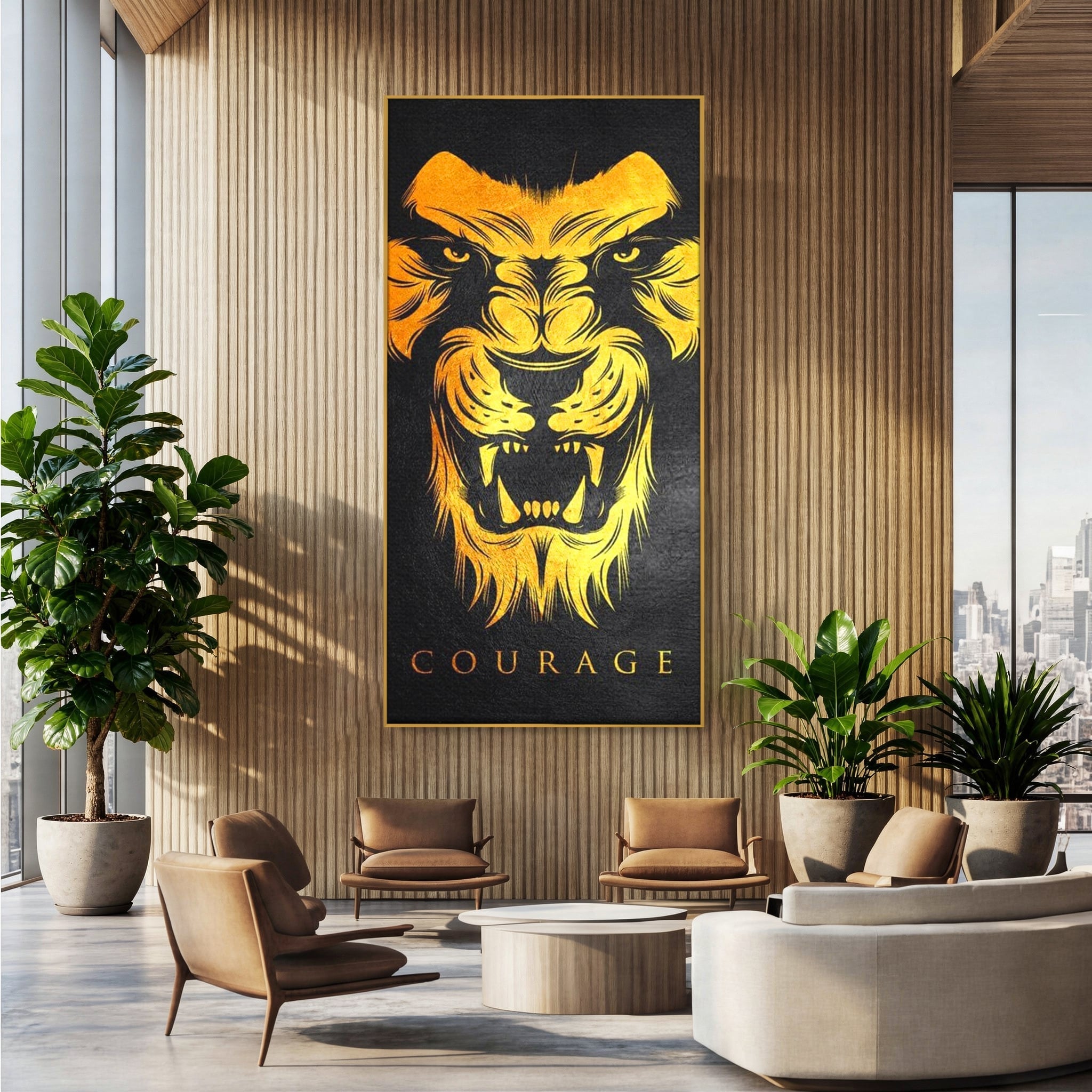 Tablou canvas cu tablou canvas cu leu aurit, in rama de aluminiu auriu, pe perete intr-un birou