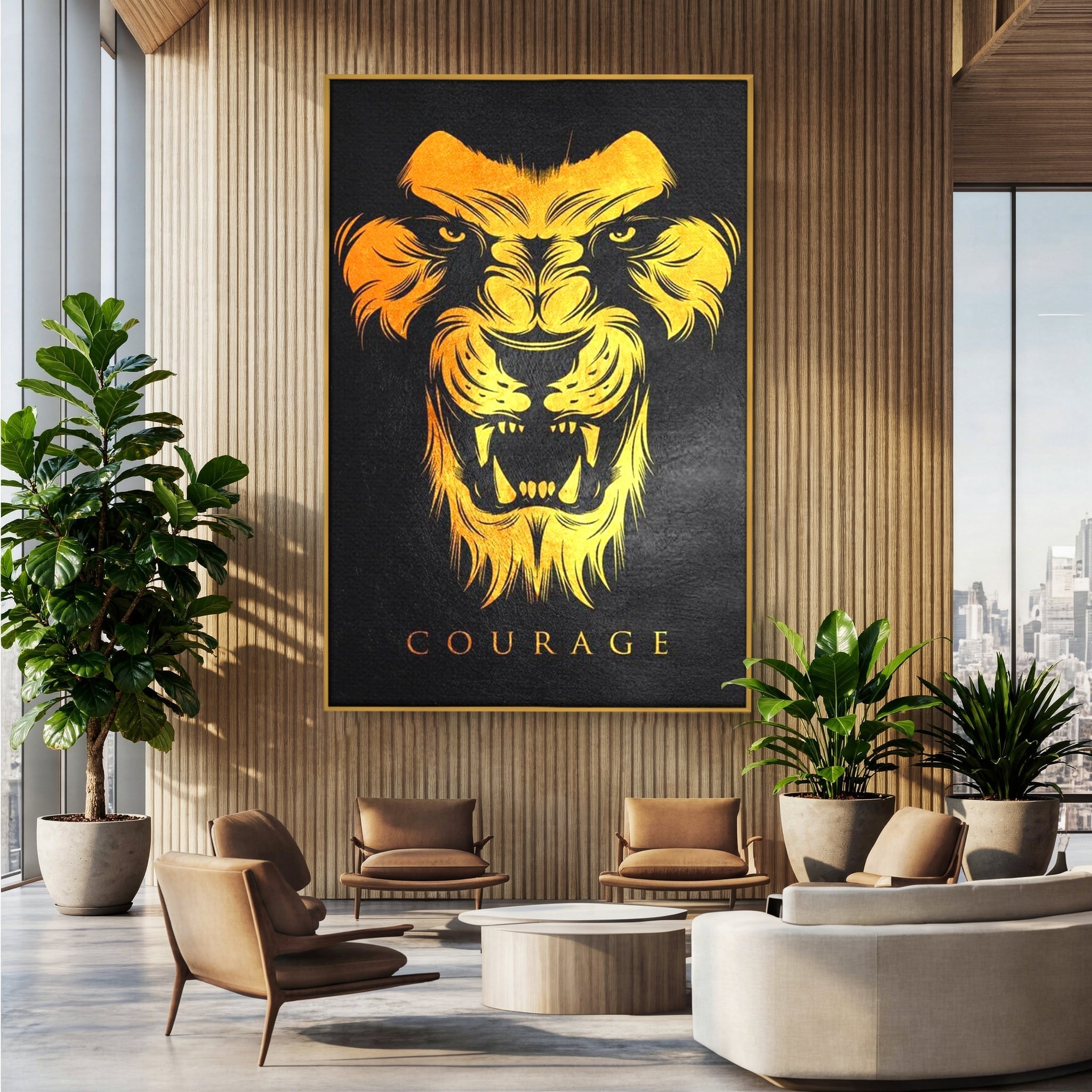 Tablou canvas cu tablou canvas cu leu aurit, in rama de aluminiu auriu, pe perete intr-un birou