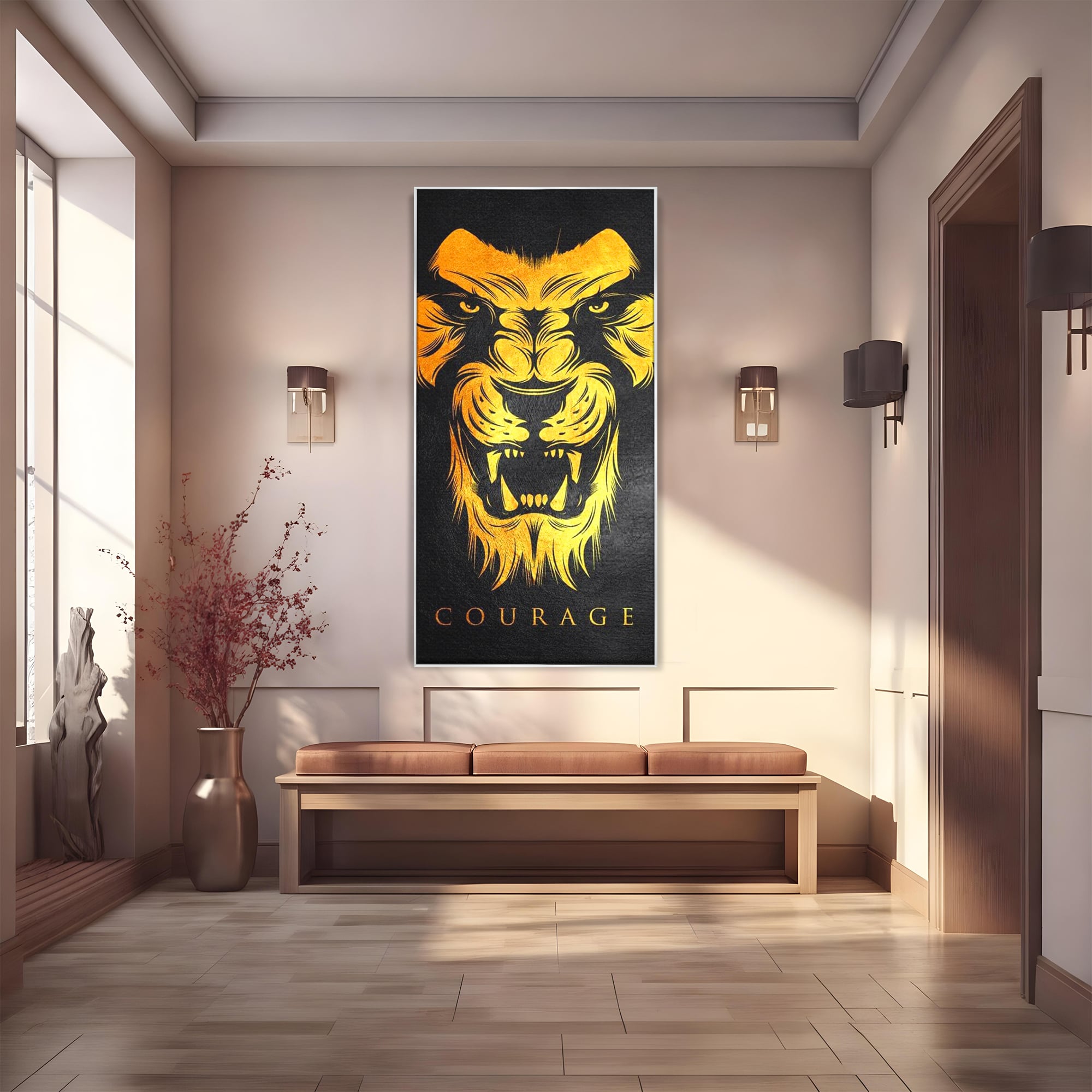 Tablou canvas cu tablou canvas cu leu aurit, in rama de aluminiu argintiu