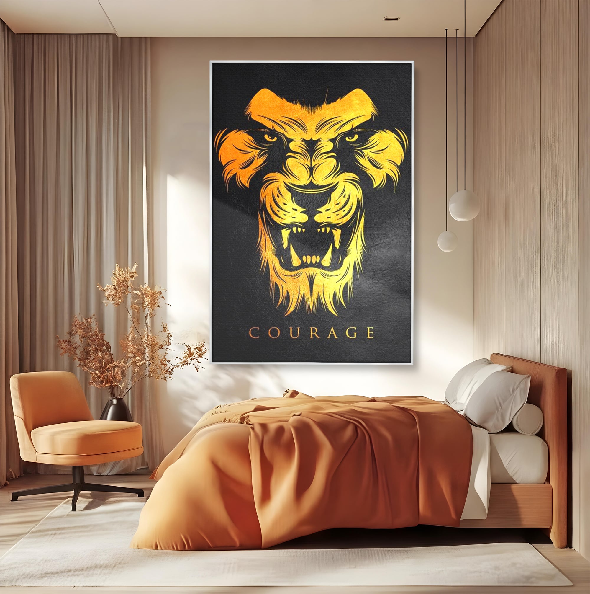 Tablou canvas cu tablou canvas cu leu aurit, in rama de aluminiu argintiu, pe perete intr-un dormitor