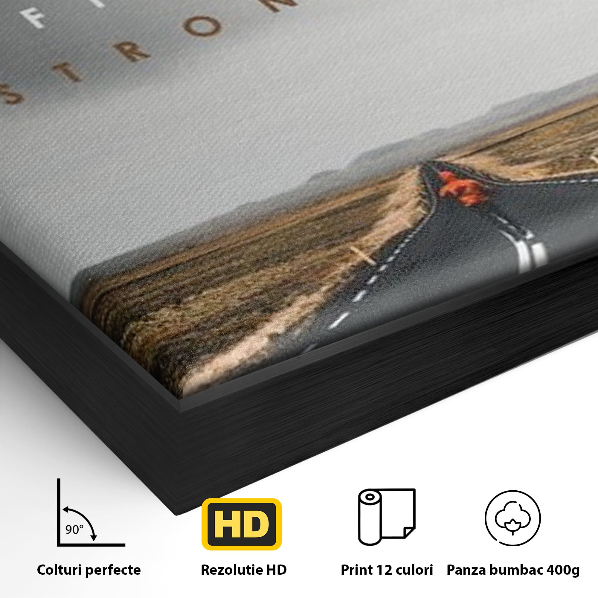 Detaliu al suprafetei: tablou canvas cu alergator pe sosea, in rama de aluminiu negru