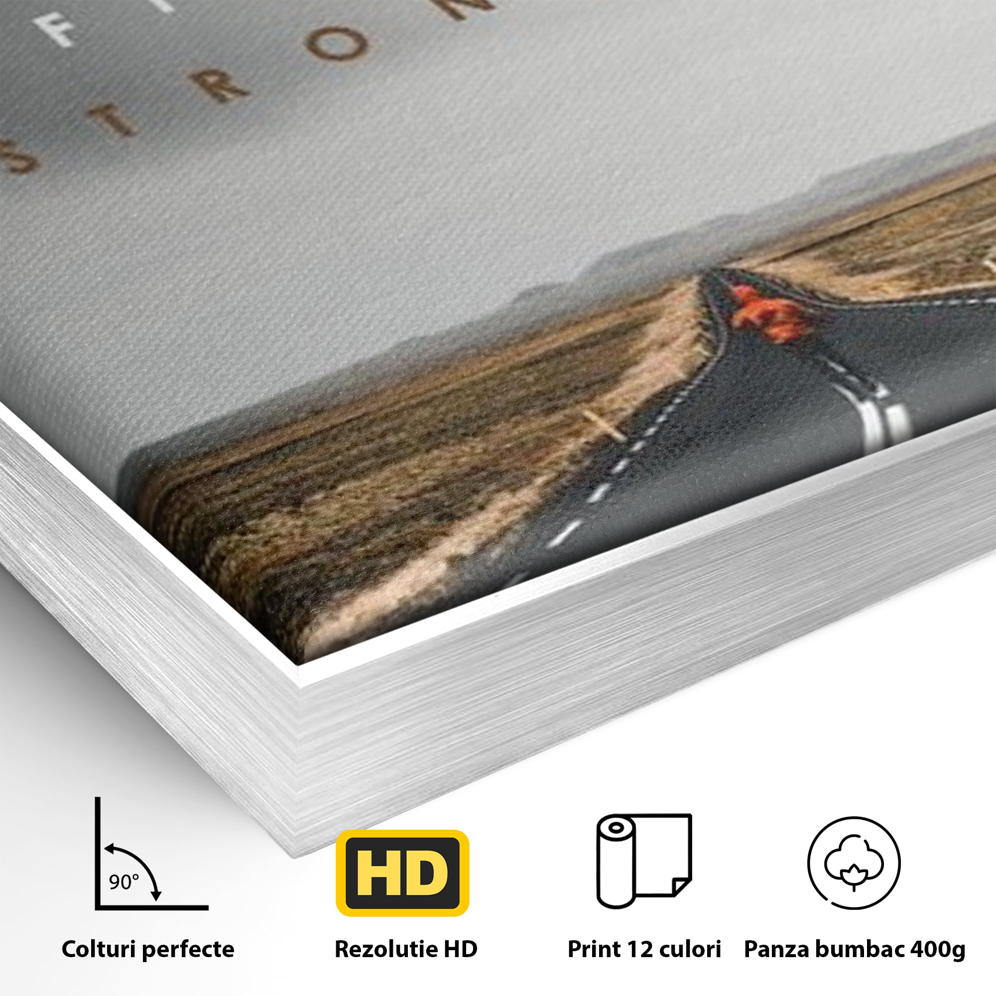 Detaliu al suprafetei: tablou canvas cu alergator pe sosea, in rama de aluminiu argintiu