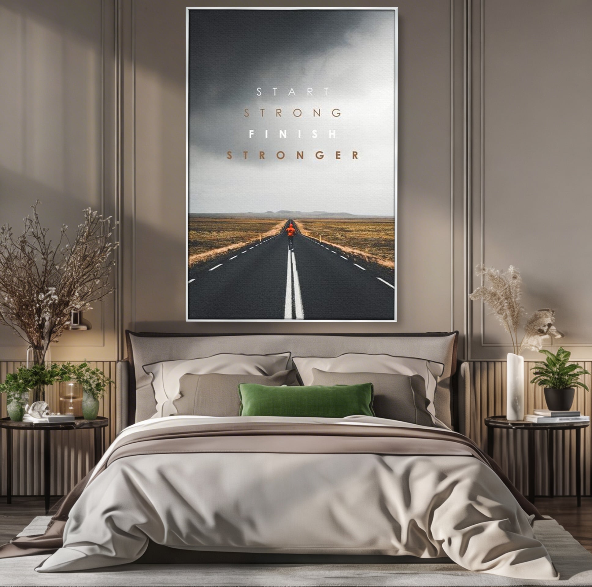 Tablou canvas cu tablou canvas cu alergator pe sosea, in rama de aluminiu argintiu, pe perete intr-un dormitor