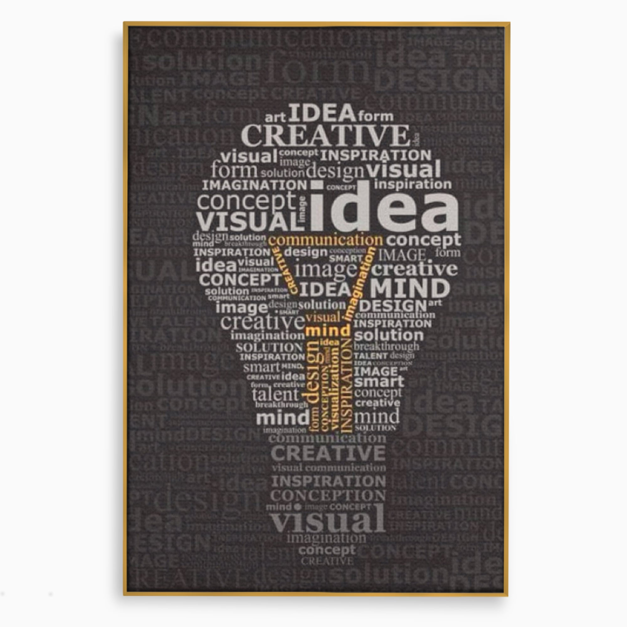 Tablou canvas cu tablou canvas cu silueta de bec formata din cuvinte, in rama de aluminiu auriu