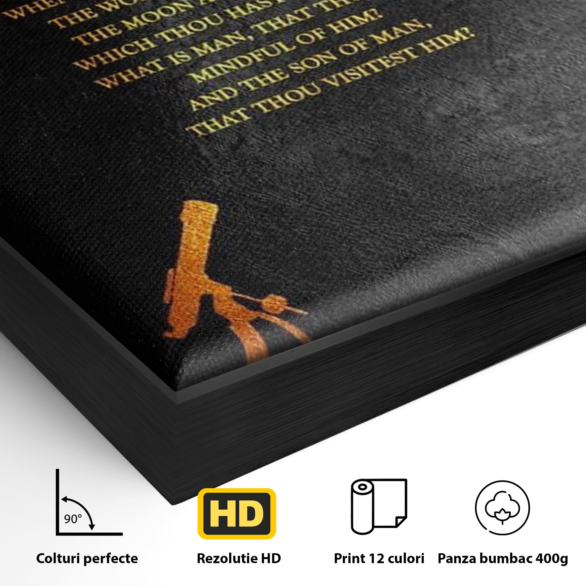 Detaliu al suprafetei: tablou canvas cu citat biblic si telescop, in rama de aluminiu negru