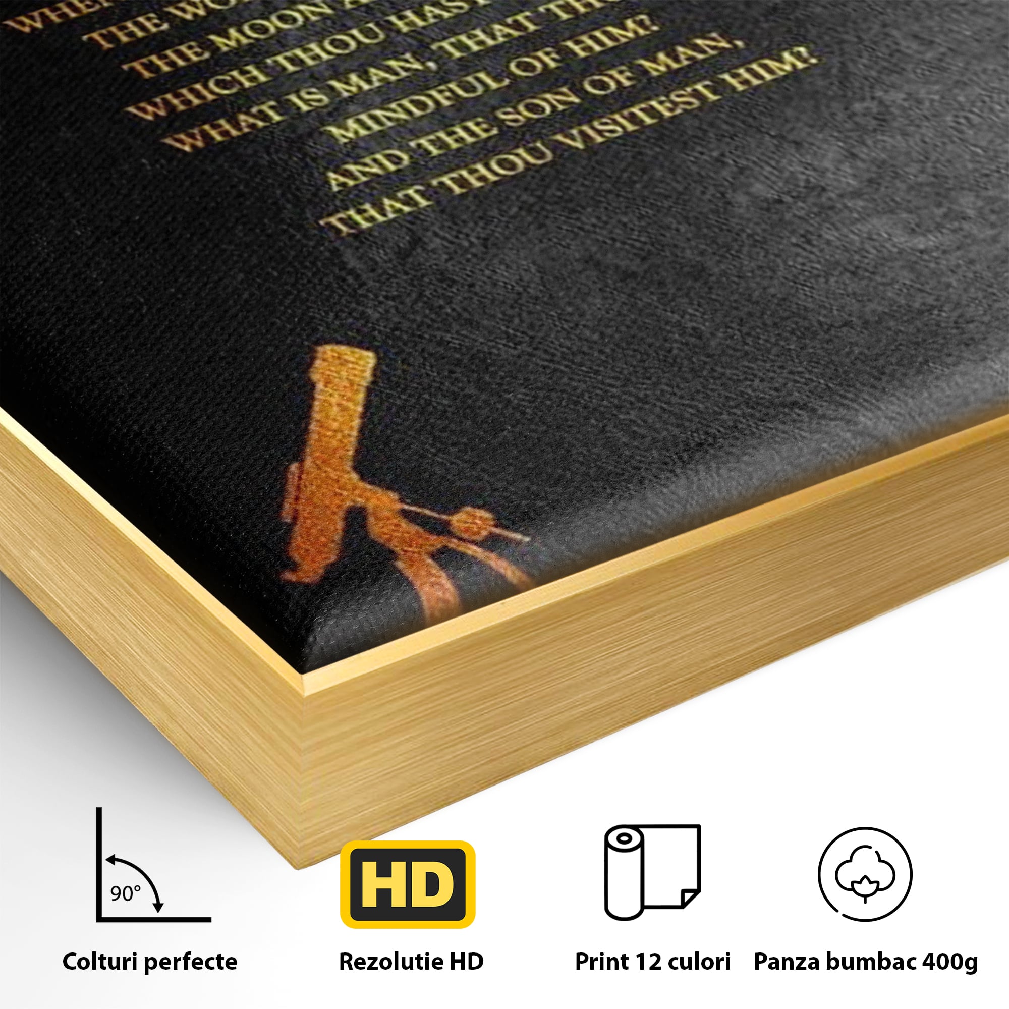 Detaliu al suprafetei: tablou canvas cu citat biblic si telescop, in rama de aluminiu auriu
