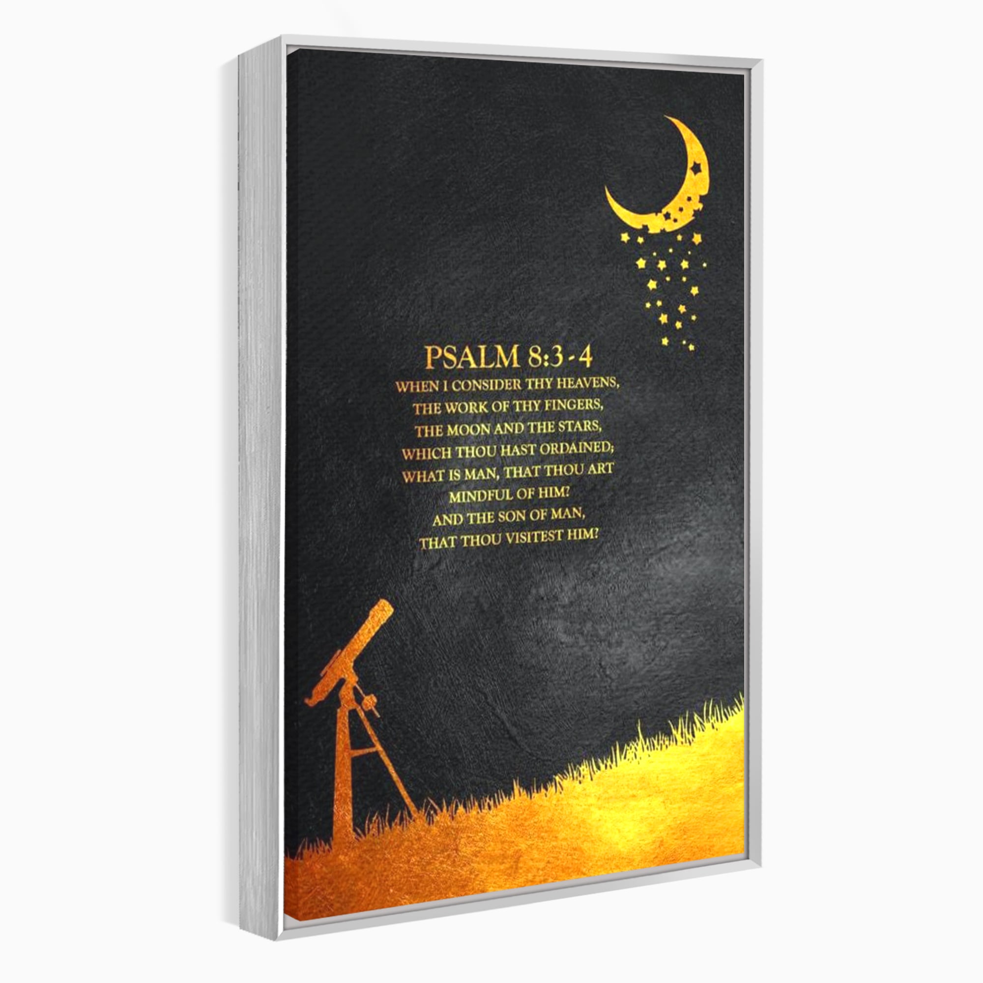 Tablou canvas cu tablou canvas cu citat biblic si telescop, in rama de aluminiu argintiu