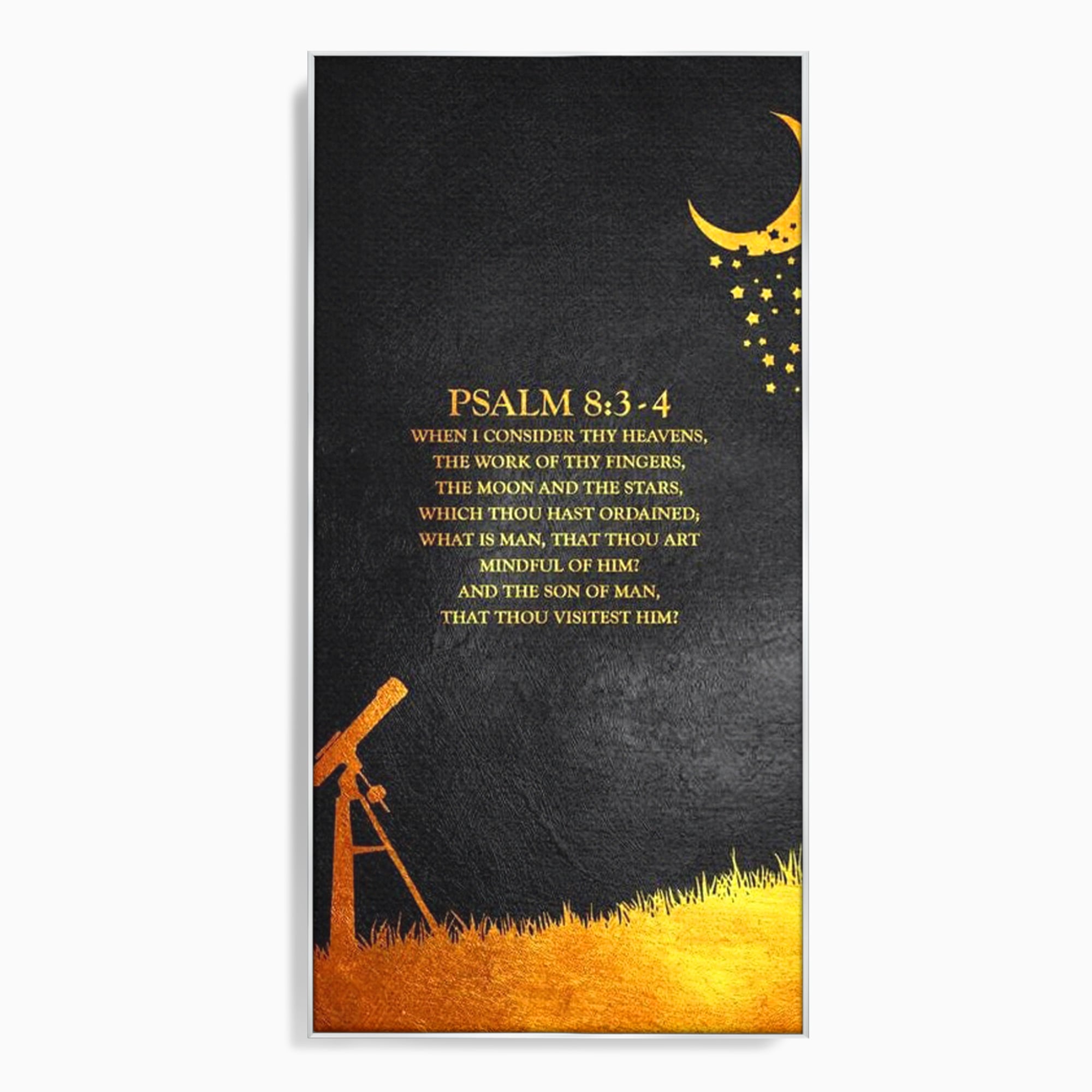 Tablou canvas cu tablou canvas cu citat biblic si telescop, in rama de aluminiu argintiu