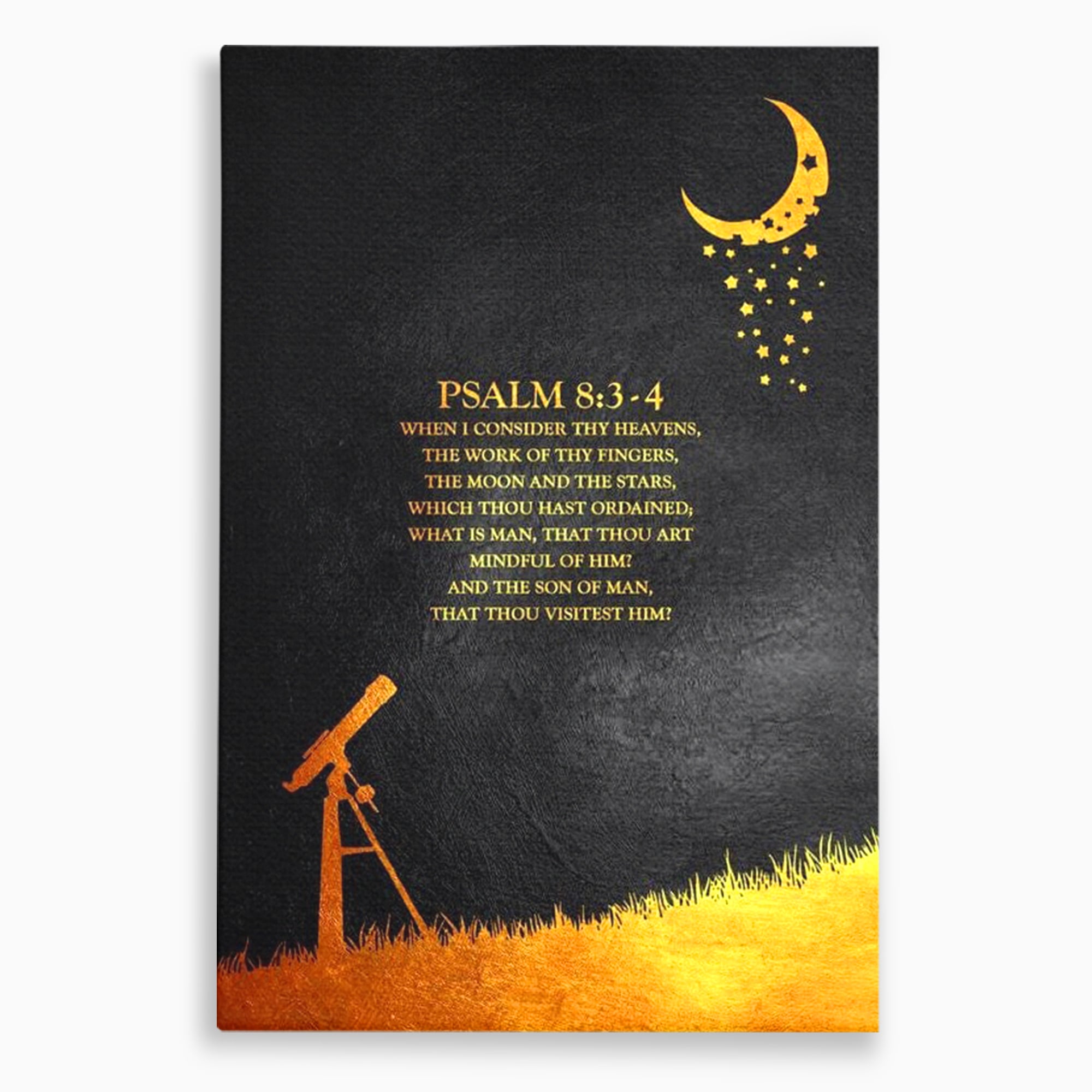 Tablou canvas cu tablou canvas cu citat biblic si telescop, fara rama, pe sasiu de lemn