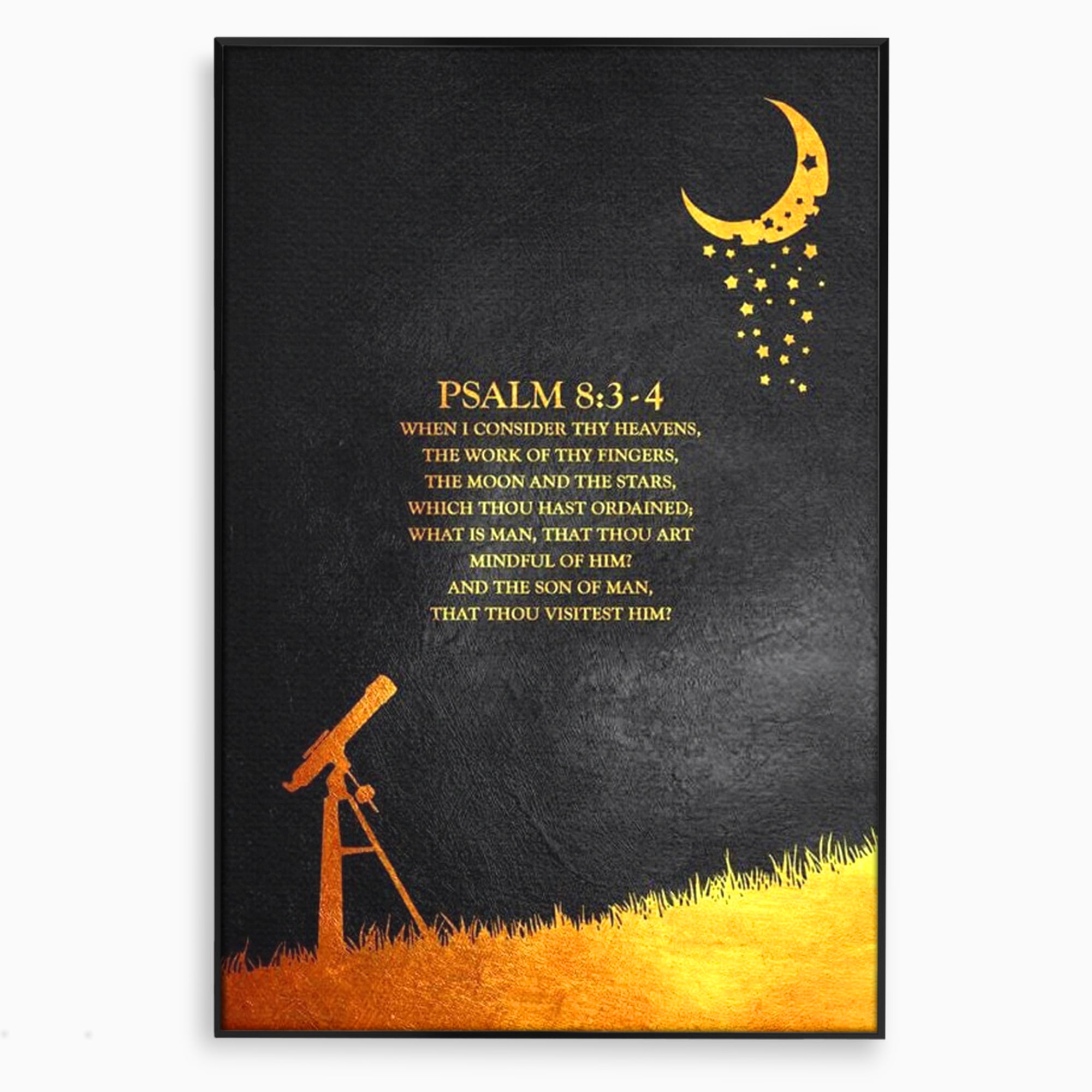 Tablou canvas cu tablou canvas cu citat biblic si telescop, in rama de aluminiu negru