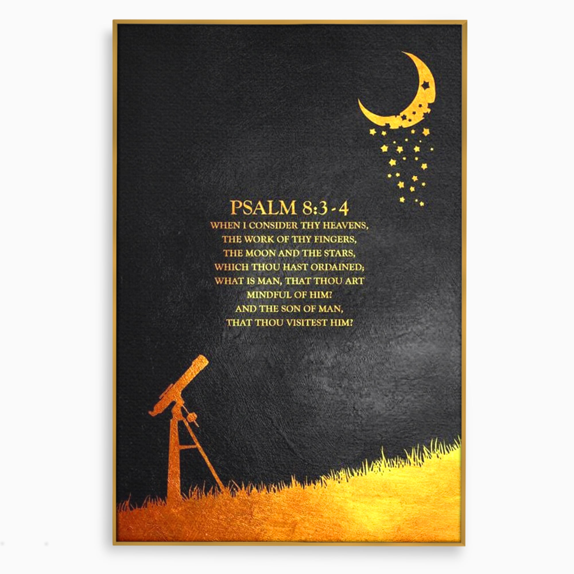 Tablou canvas cu tablou canvas cu citat biblic si telescop, in rama de aluminiu auriu