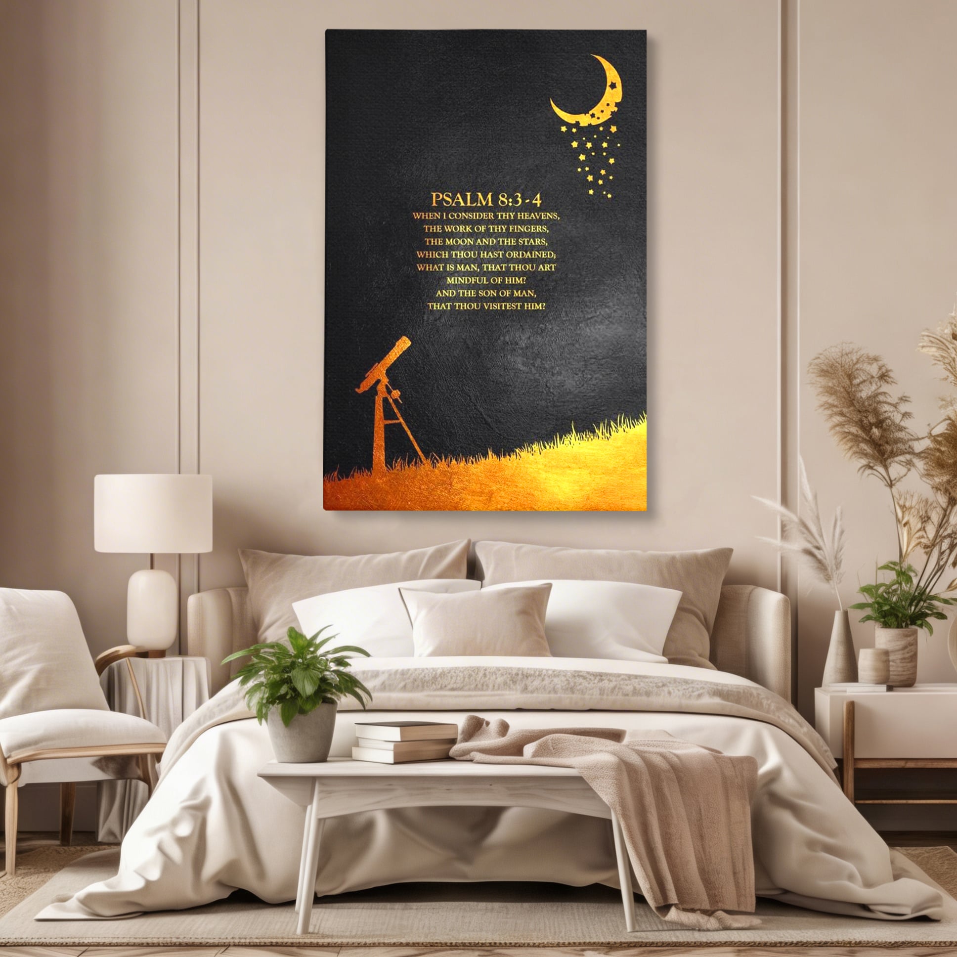 Tablou canvas cu tablou canvas cu citat biblic si telescop, fara rama, pe sasiu de lemn, pe perete intr-un dormitor