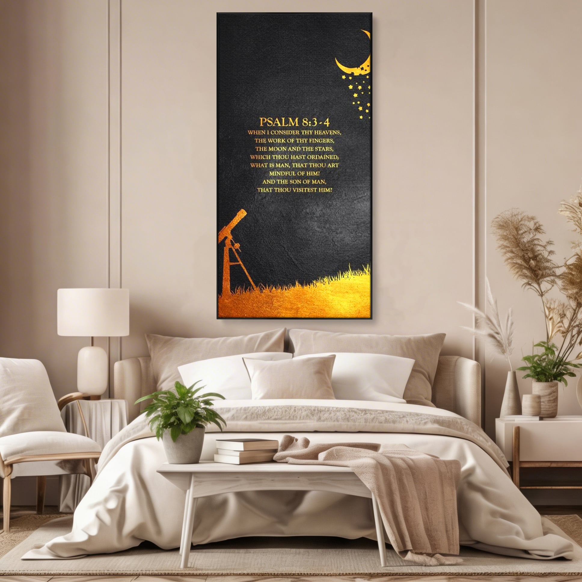 Tablou canvas cu tablou canvas cu citat biblic si telescop, in rama de aluminiu negru, pe perete intr-un dormitor