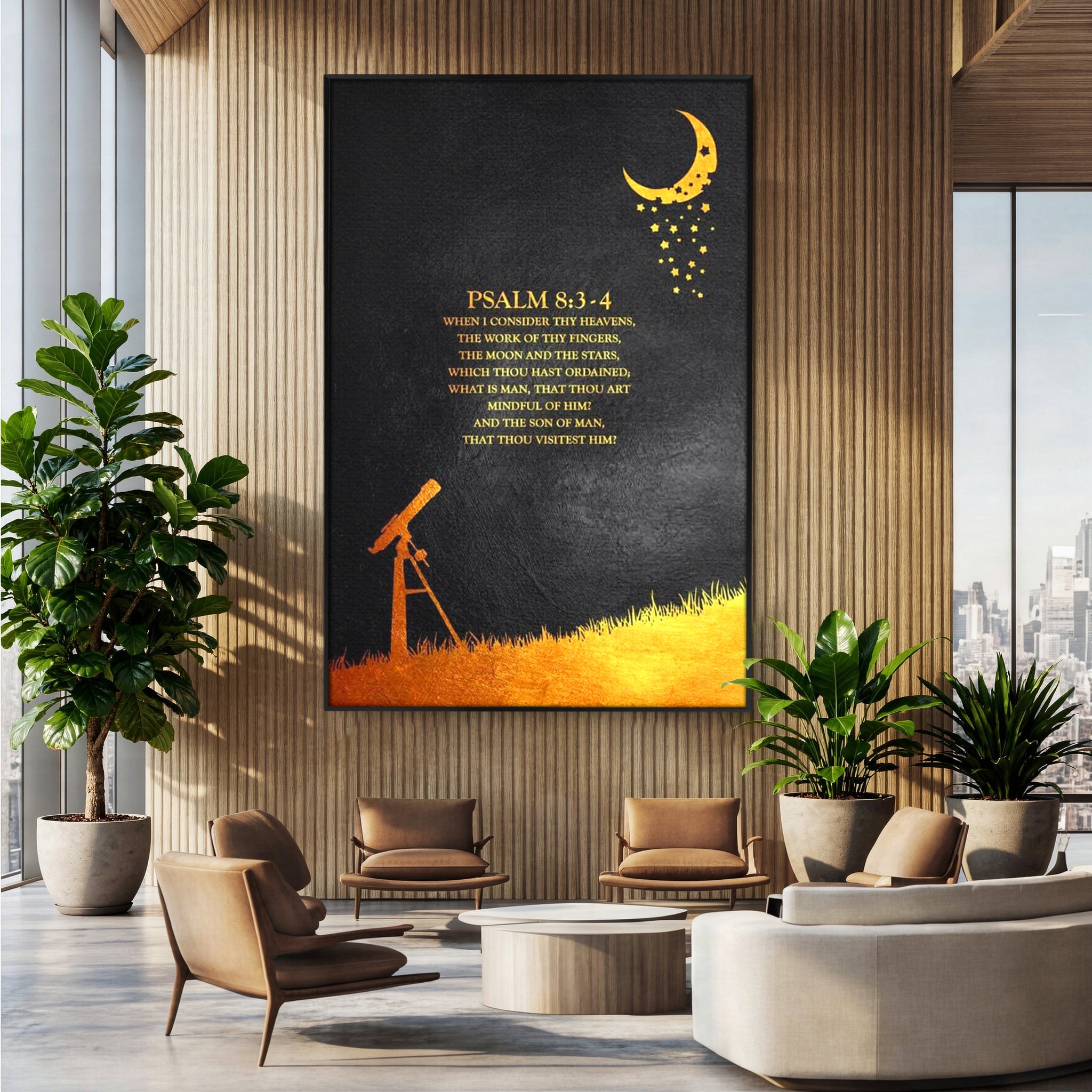 Tablou canvas cu tablou canvas cu citat biblic si telescop, in rama de aluminiu negru, pe perete intr-un birou