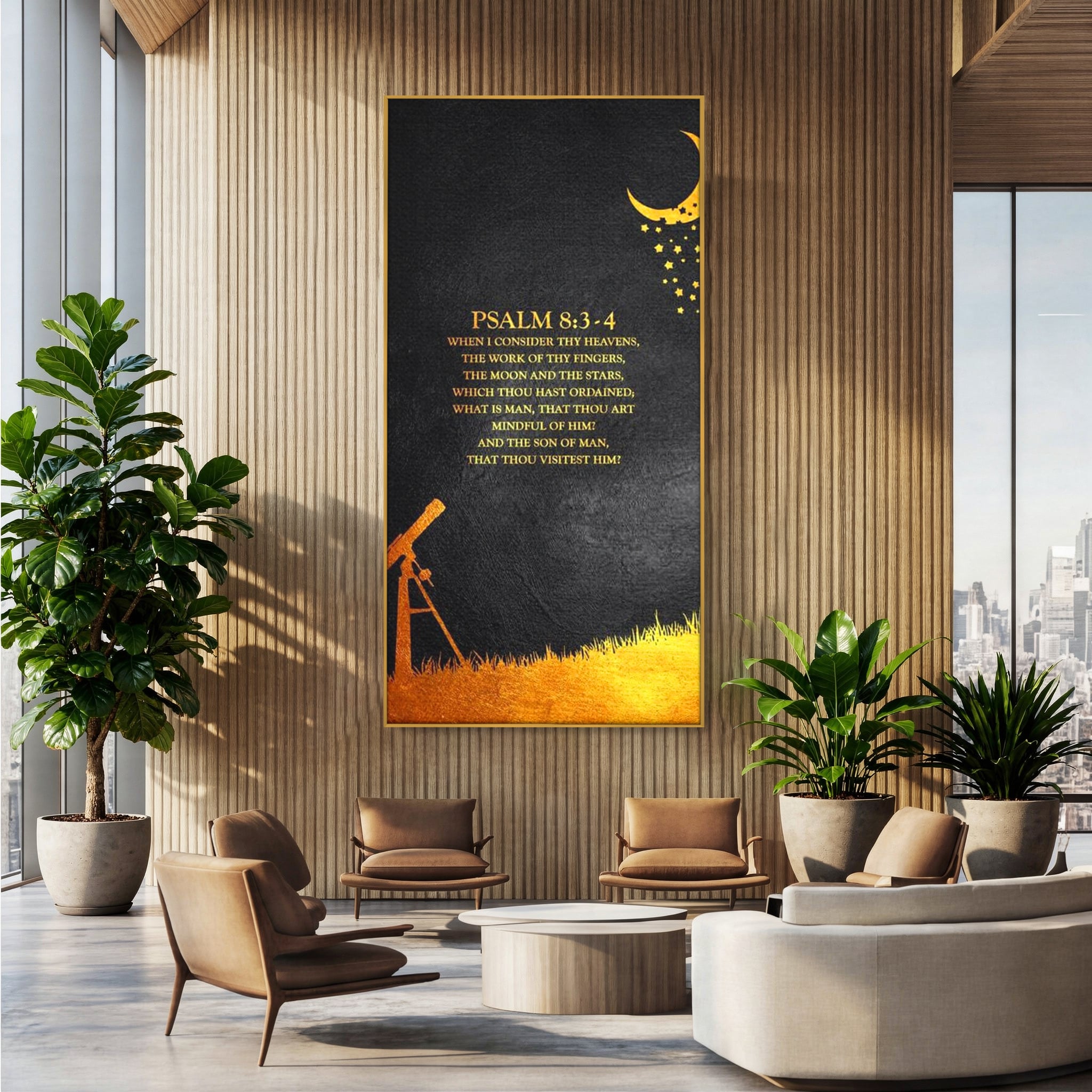 Tablou canvas cu tablou canvas cu citat biblic si telescop, in rama de aluminiu auriu, pe perete intr-un birou