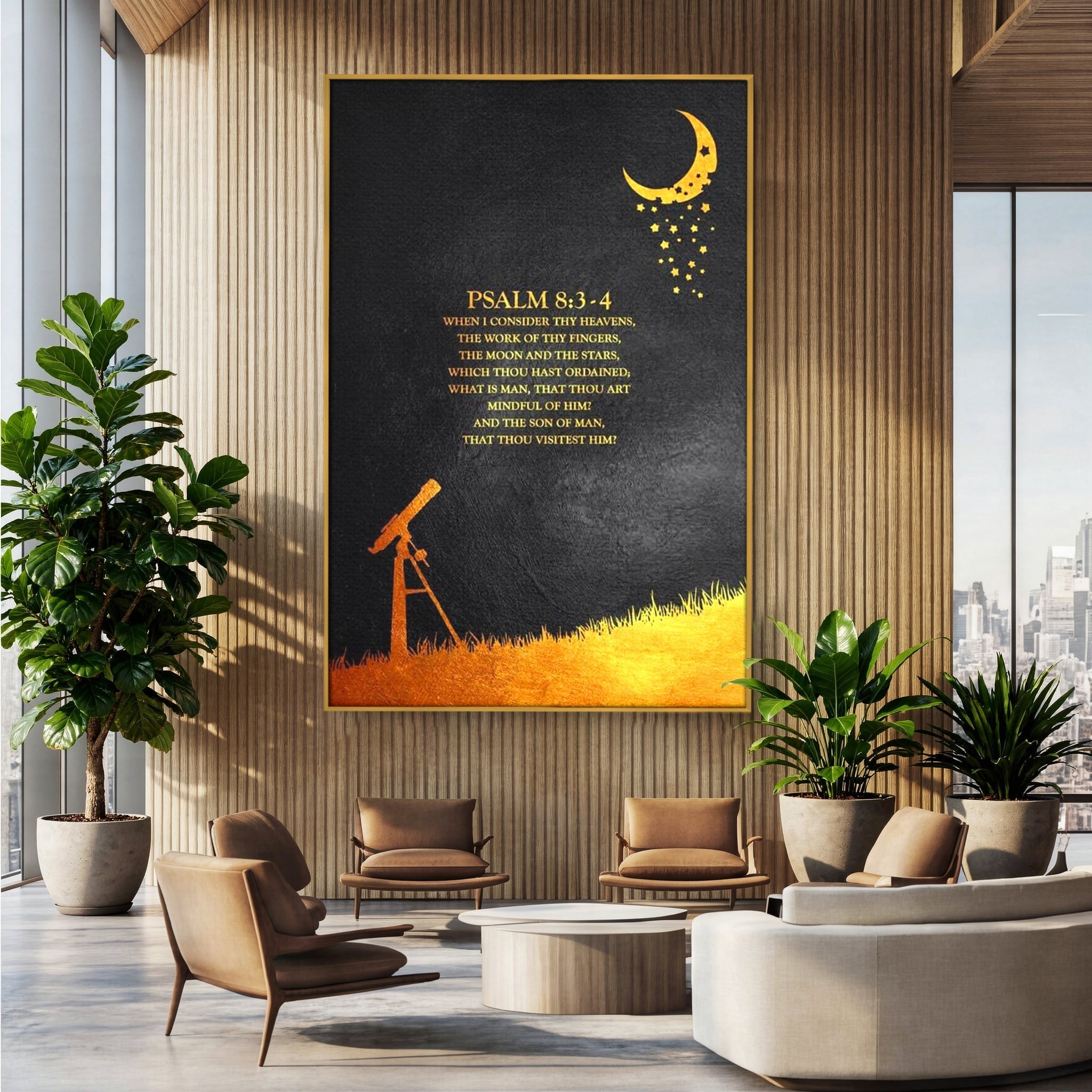 Tablou canvas cu tablou canvas cu citat biblic si telescop, in rama de aluminiu auriu, pe perete intr-un birou