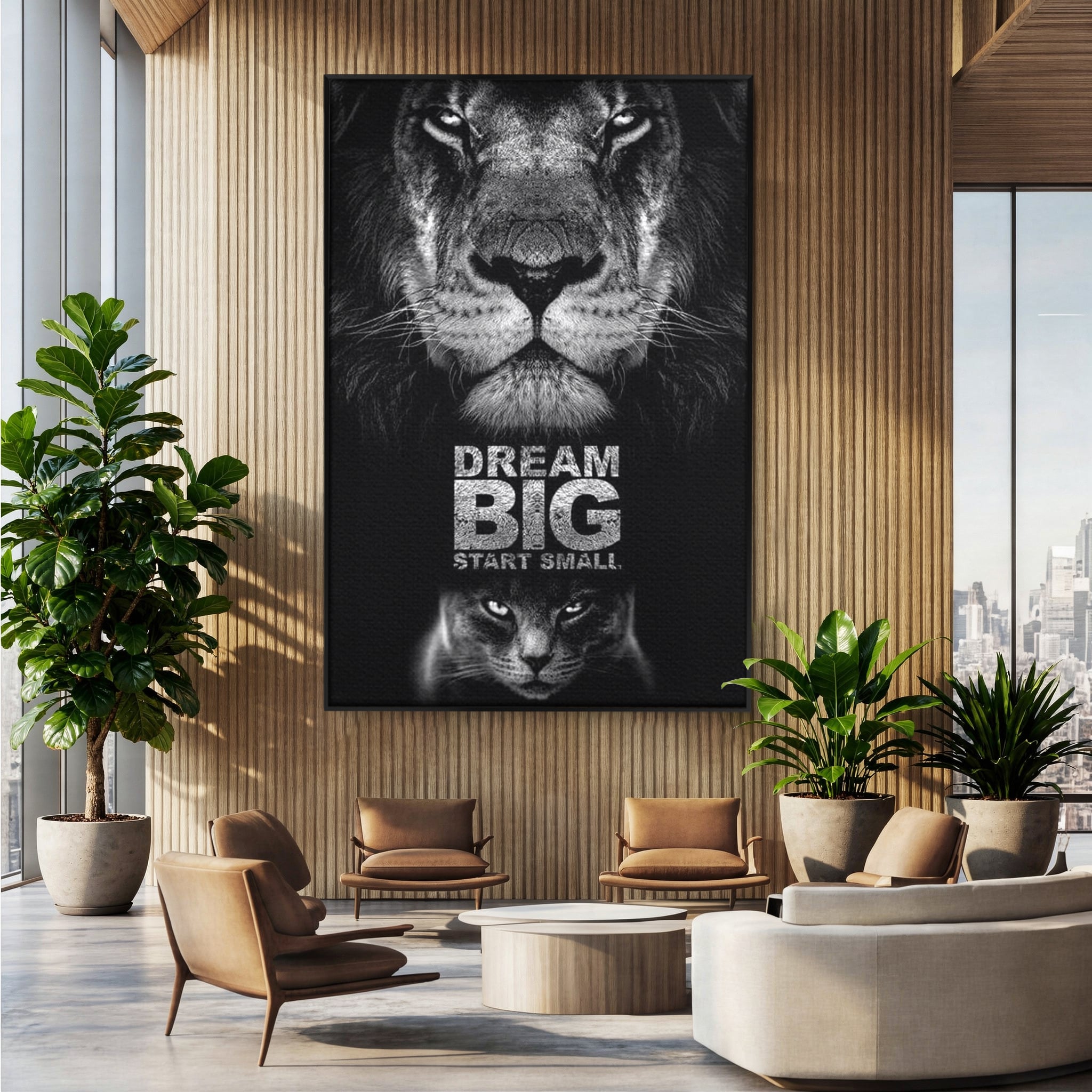 Tablou canvas cu tablou canvas cu leu si pisica, in rama de aluminiu negru, pe perete intr-un birou