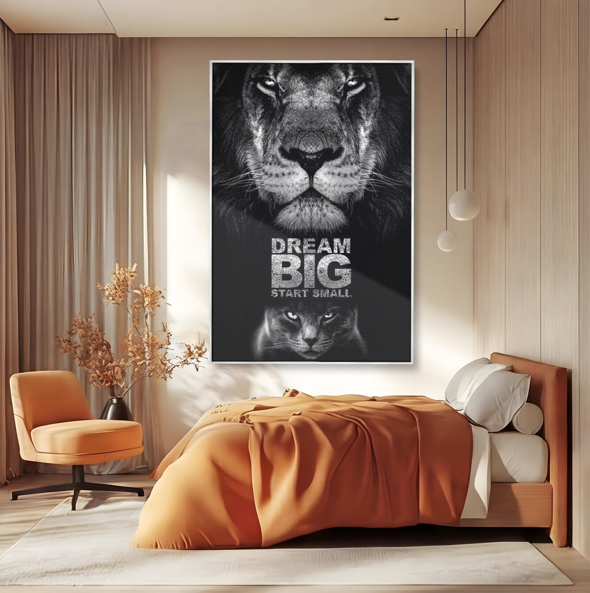 Tablou canvas cu tablou canvas cu leu si pisica, in rama de aluminiu argintiu, pe perete intr-un dormitor