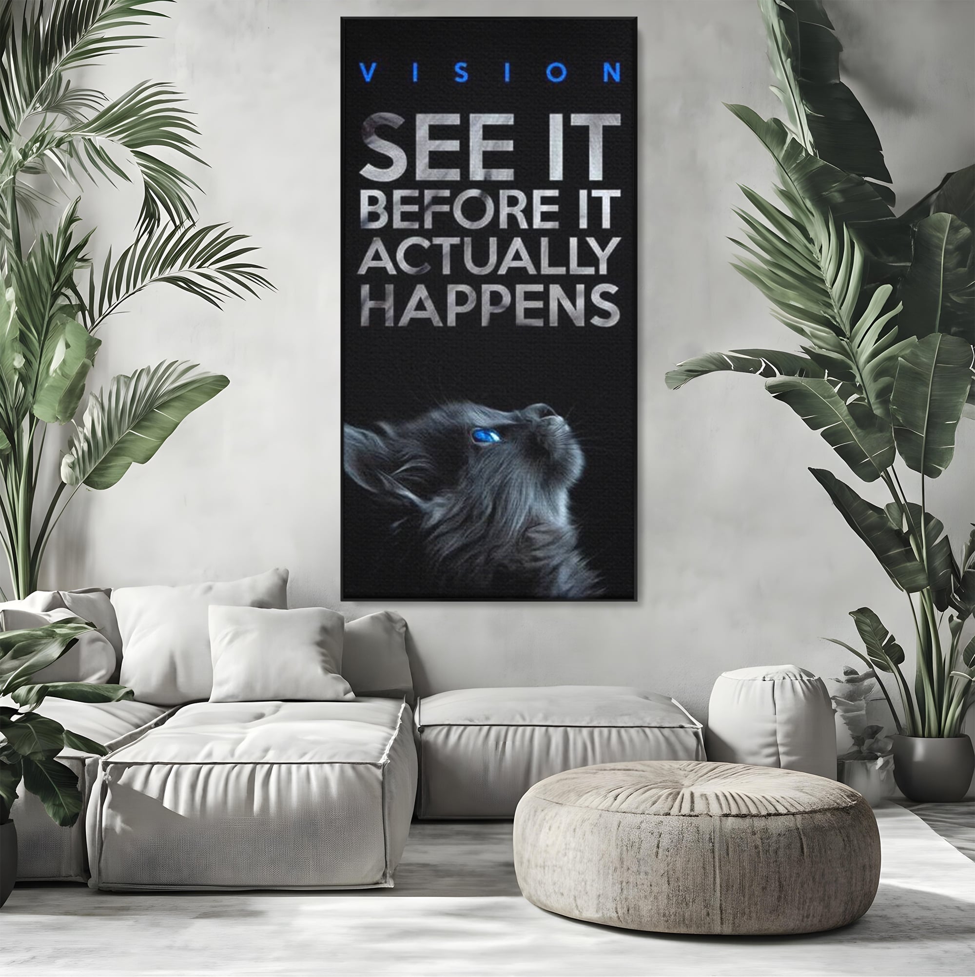 Tablou canvas cu tablou canvas cu pisica neagra si ochi albastri, in rama de aluminiu negru, pe perete intr-un living