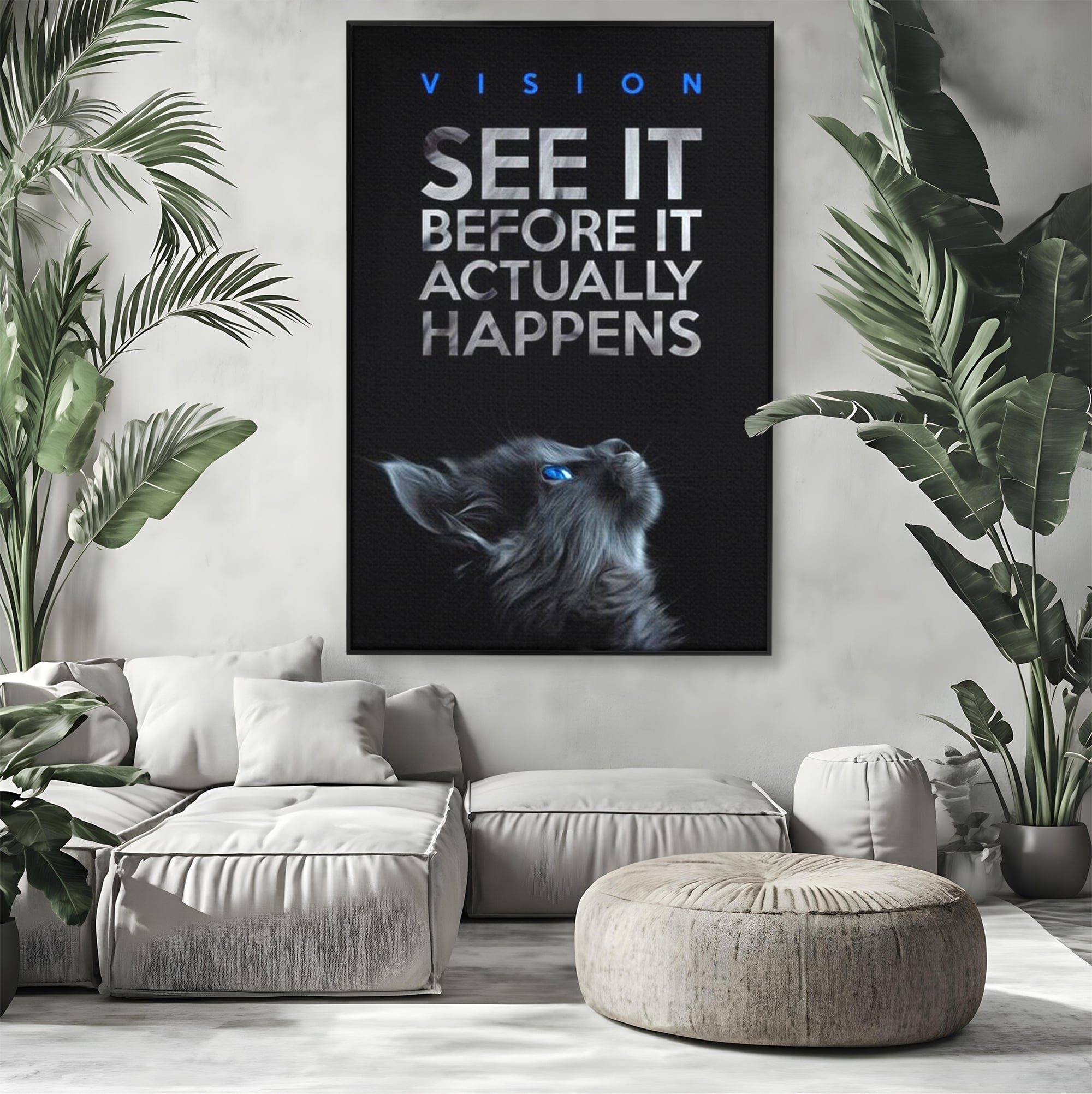 Tablou canvas cu tablou canvas cu pisica neagra si ochi albastri, in rama de aluminiu negru, pe perete intr-un living