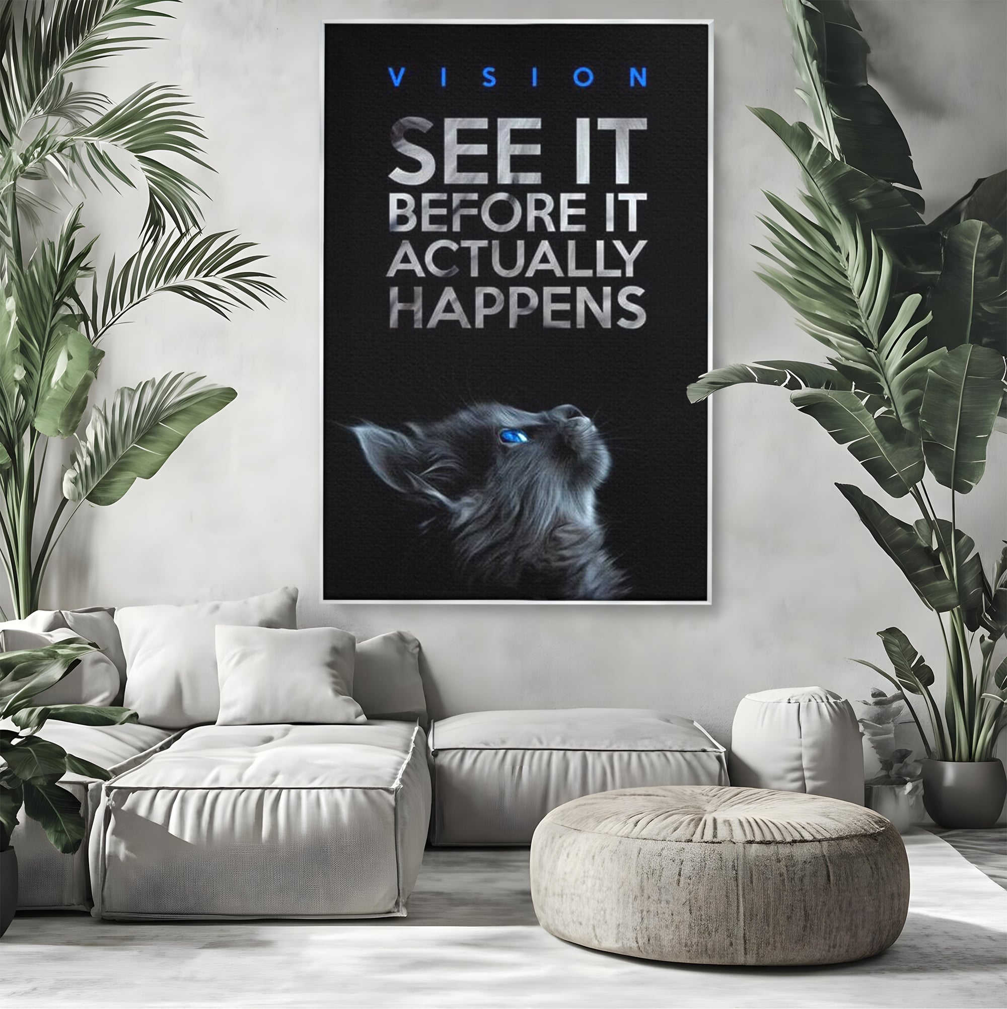 Tablou canvas cu tablou canvas cu pisica neagra si ochi albastri, in rama de aluminiu argintiu, pe perete intr-un living