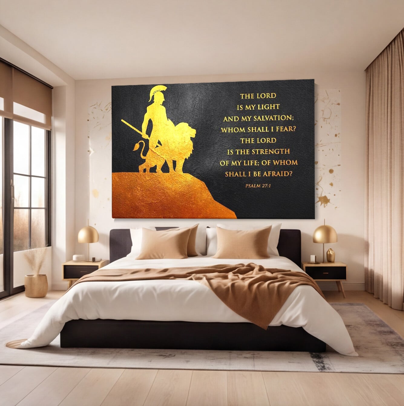 Tablou canvas cu tablou canvas cu razboinic si leu, fara rama, pe sasiu de lemn, pe perete intr-un dormitor