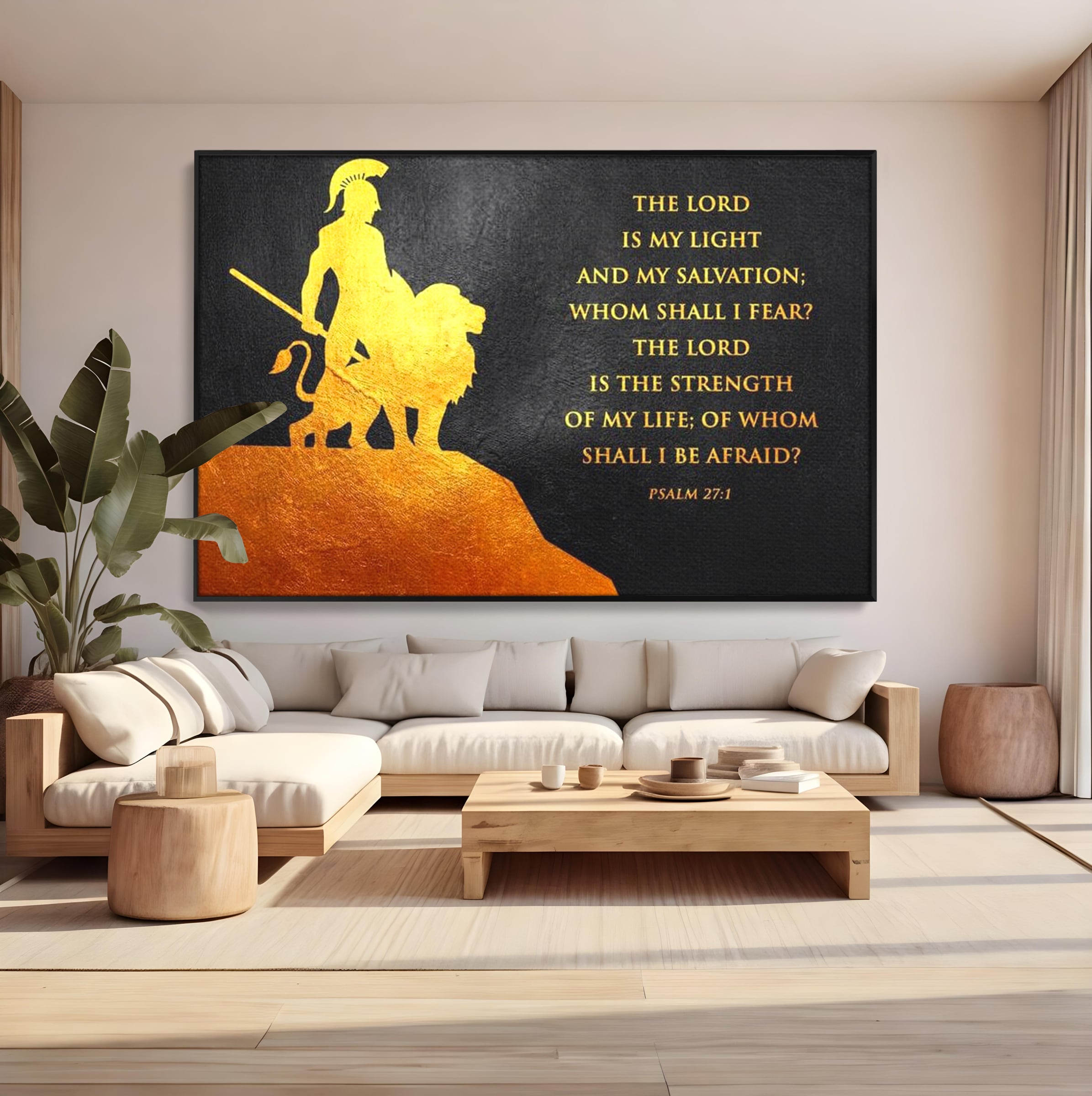 Tablou canvas cu tablou canvas cu razboinic si leu, in rama de aluminiu negru, pe perete intr-un living